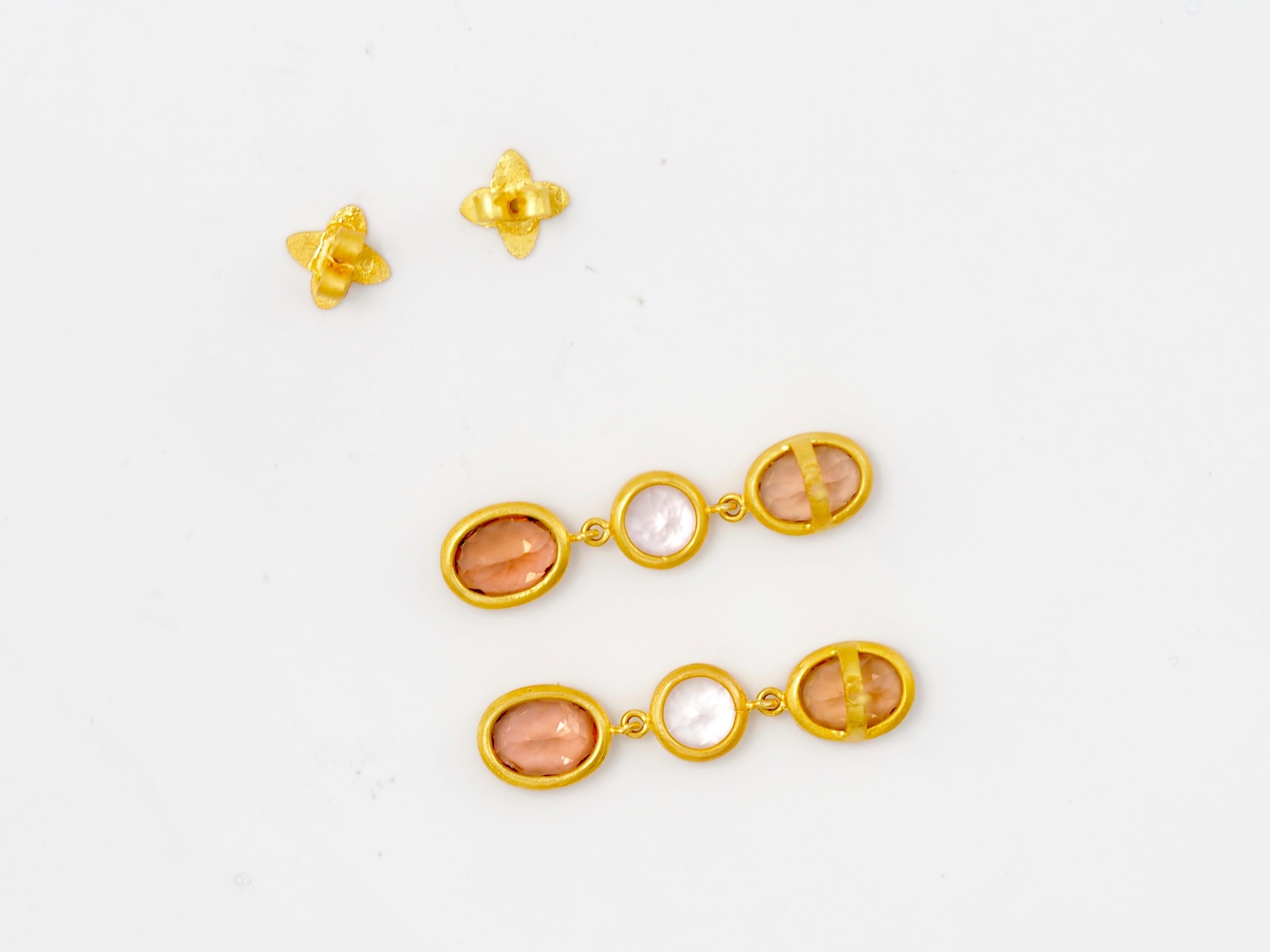 Scrives Orange Peach Tourmaline Morganite 22 karat Gold Earrings In New Condition For Sale In Paris, Paris