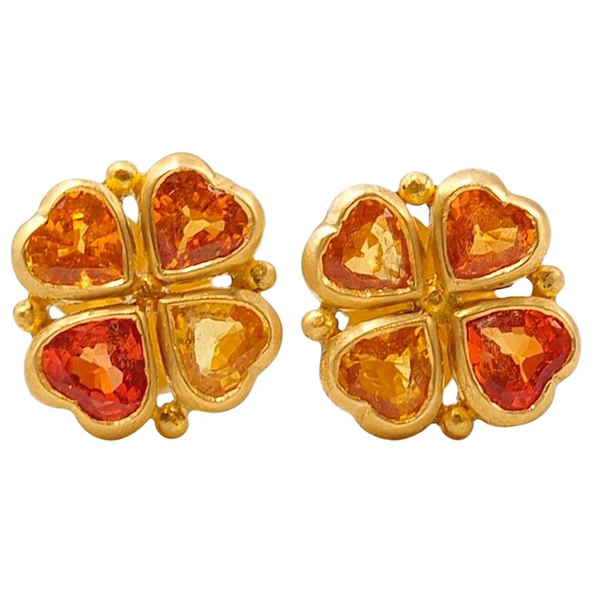 Scrives Orange Yellow Heart Sapphires 22 Karat Gold Stud Earrings