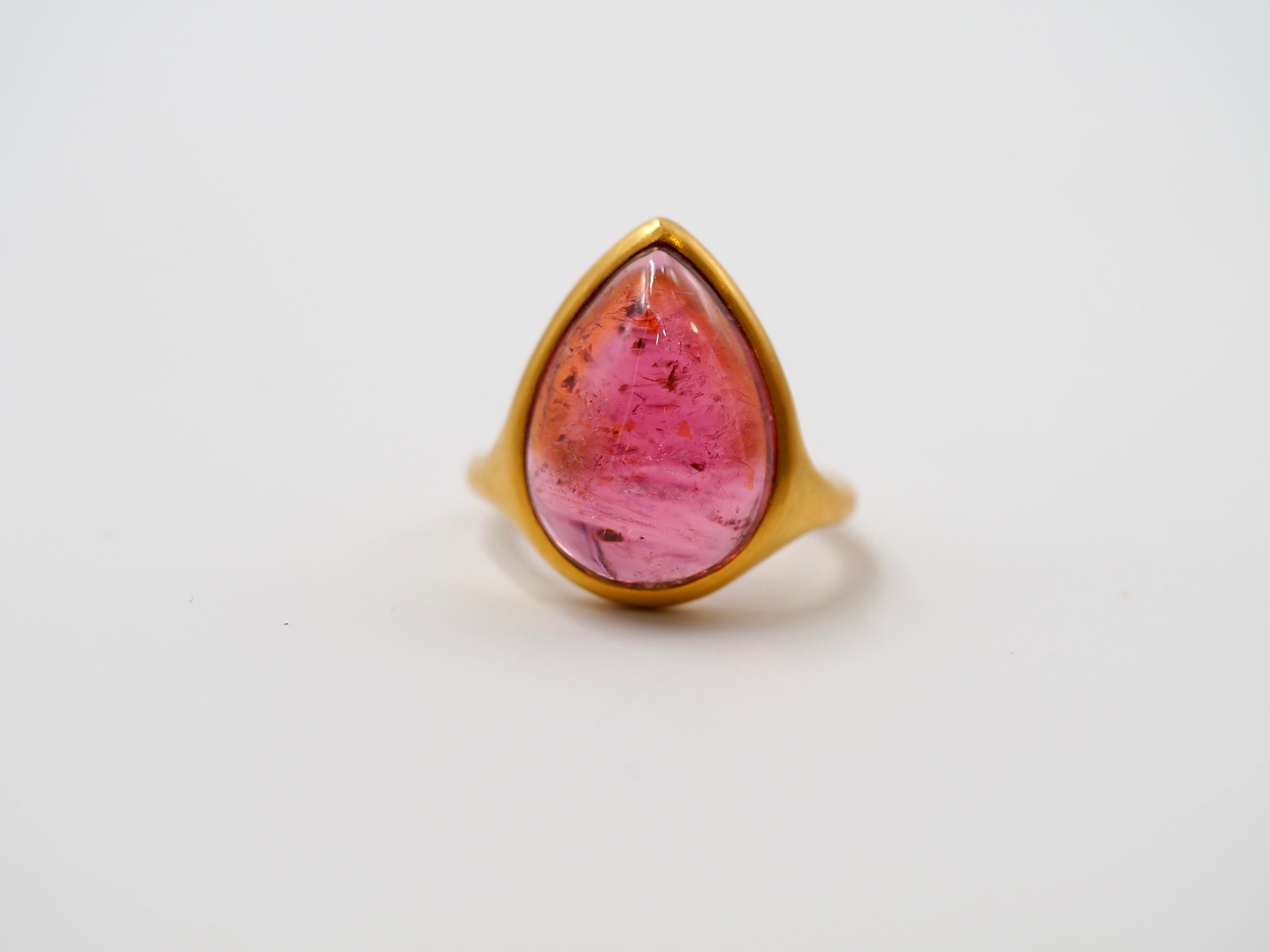 Women's or Men's Scrives Pink-Red Cabochon Tourmaline 22 Karat Gold Ring
