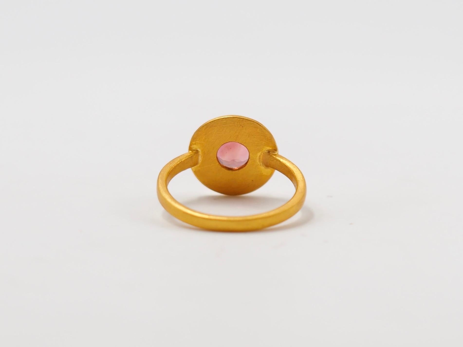 Scrives Pink Tourmaline Sun Disk 22 Karat Gold Cocktail Handmade Cluster Ring For Sale 1