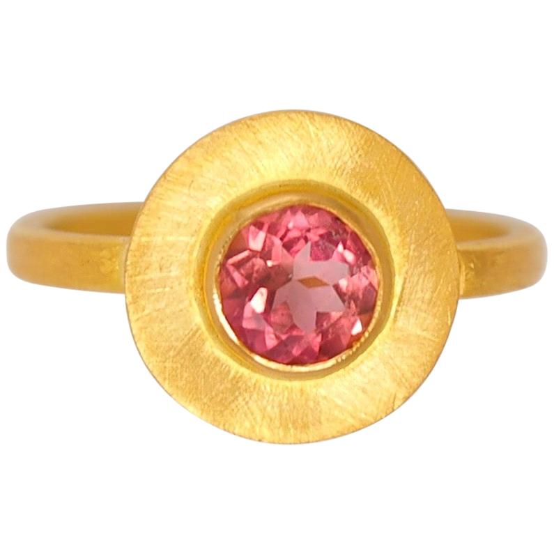 Scrives Pink Tourmaline Sun Disk 22 Karat Gold Cocktail Handmade Cluster Ring