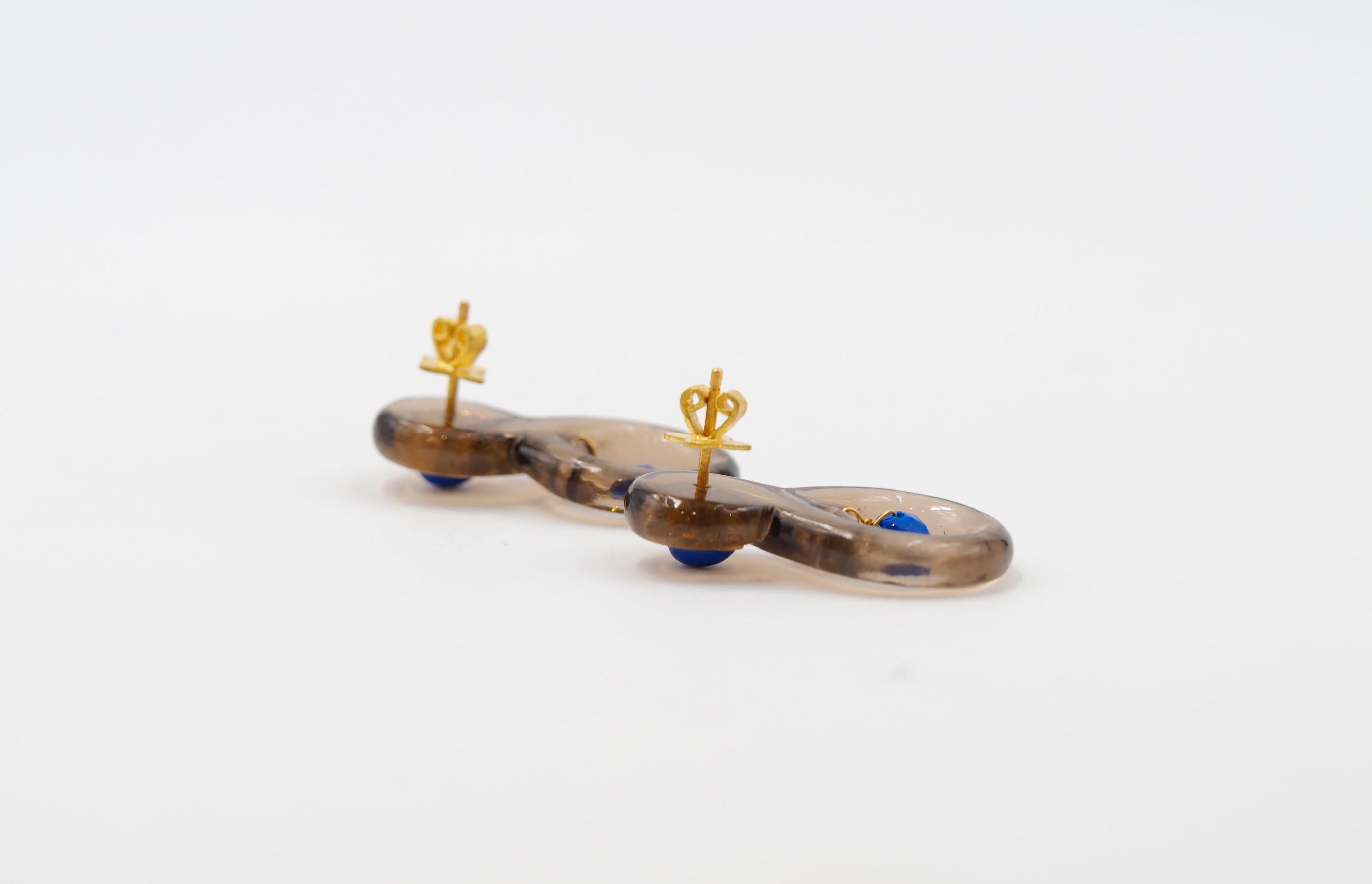 Contemporary Scrives Smoky Quartz Lapis Lazuli 22 Karat Gold Earrings