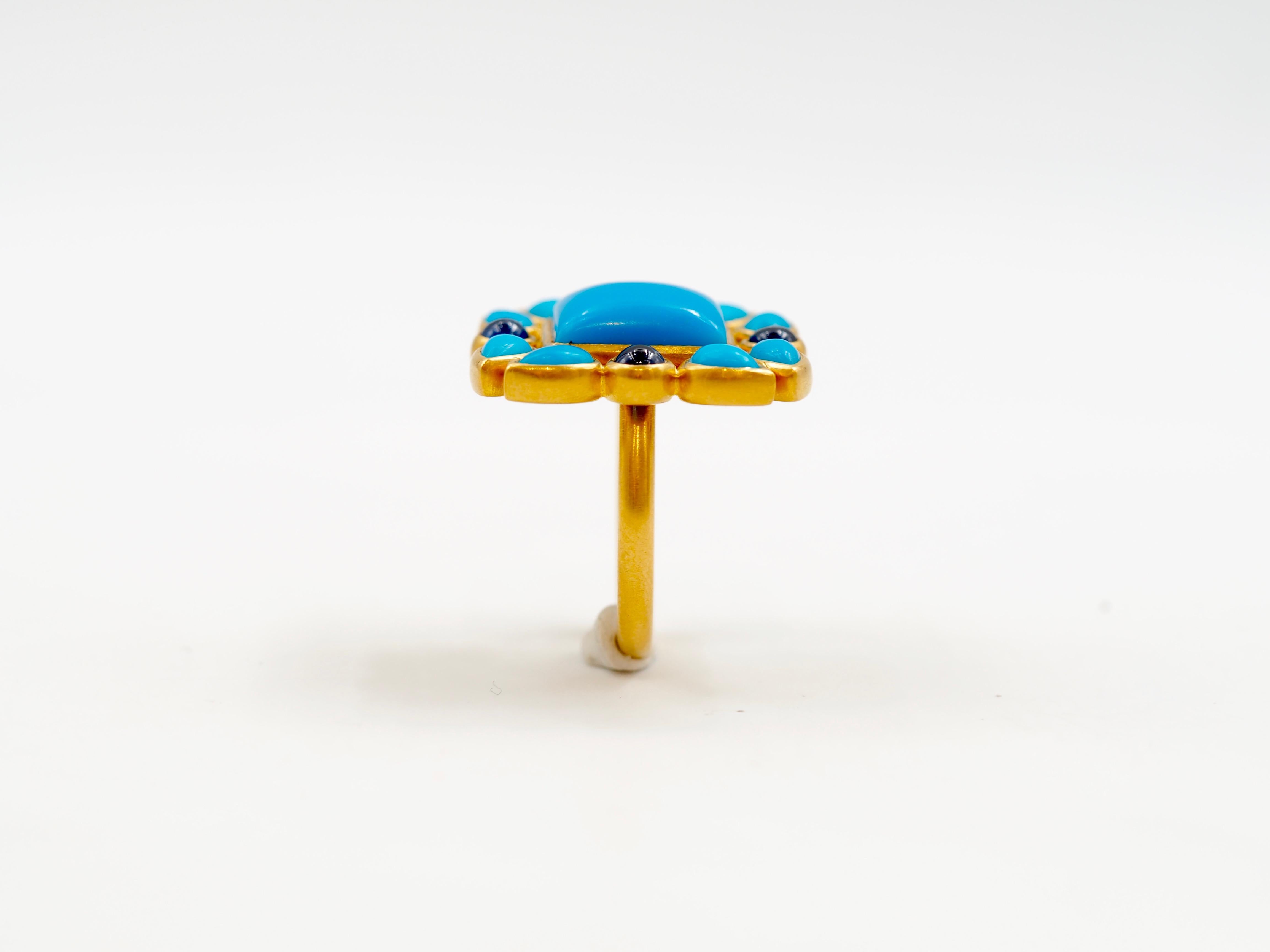 Sugarloaf Cabochon Scrives Turquoises Blue Sapphires 22 Karat Gold Ring