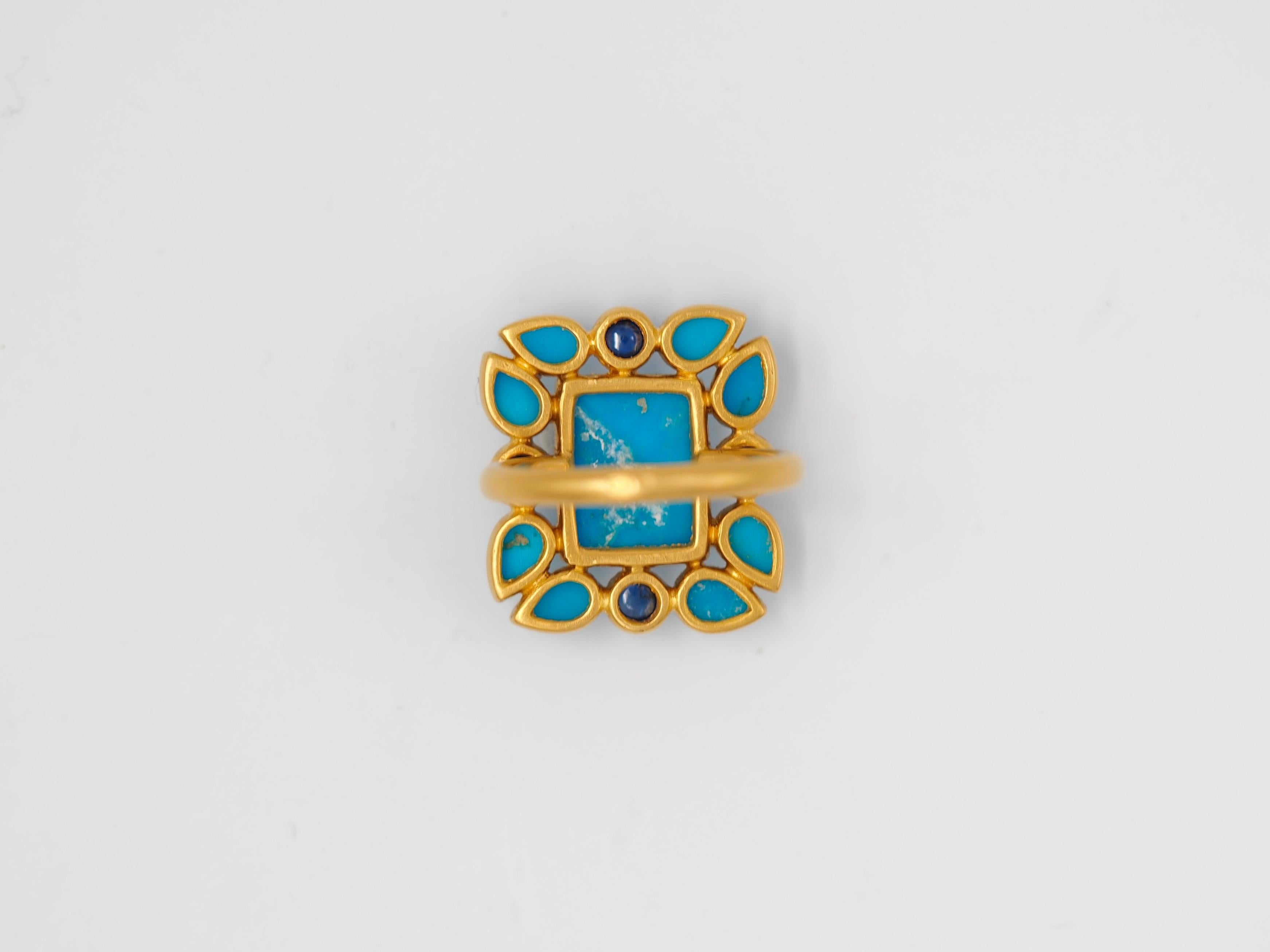Women's Scrives Turquoises Blue Sapphires 22 Karat Gold Ring