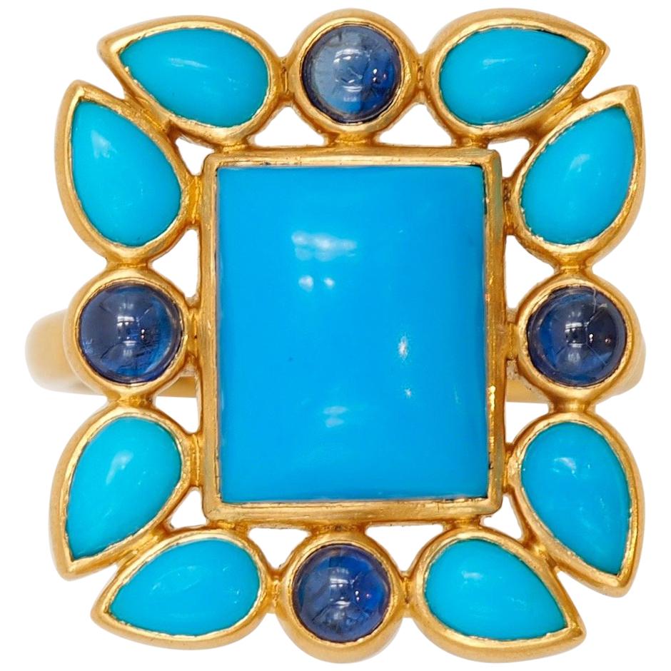 Scrives Turquoises Blue Sapphires 22 Karat Gold Ring