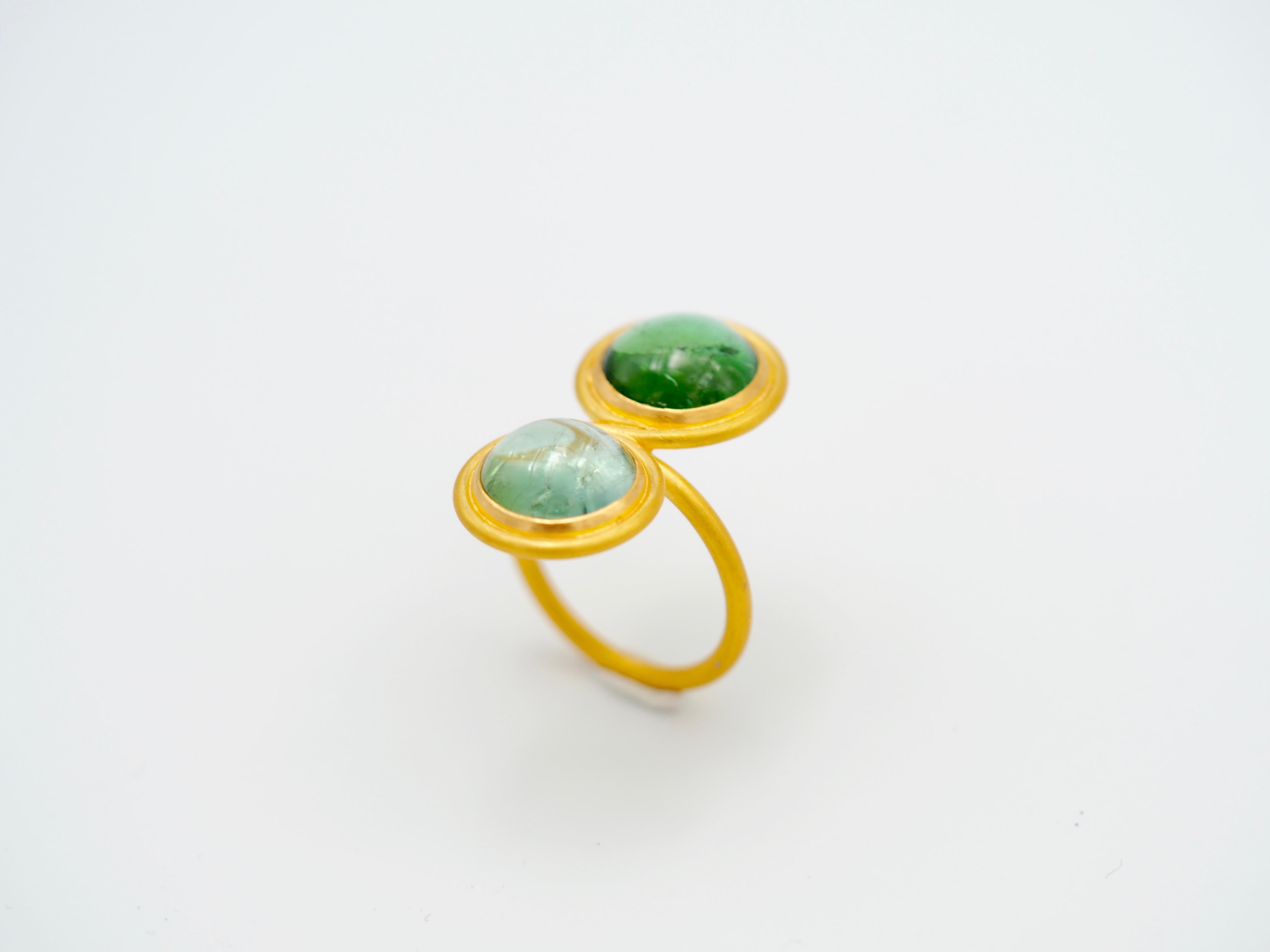 Contemporary Scrives Two Shades Green Tourmalines 22 Karat Gold Ring