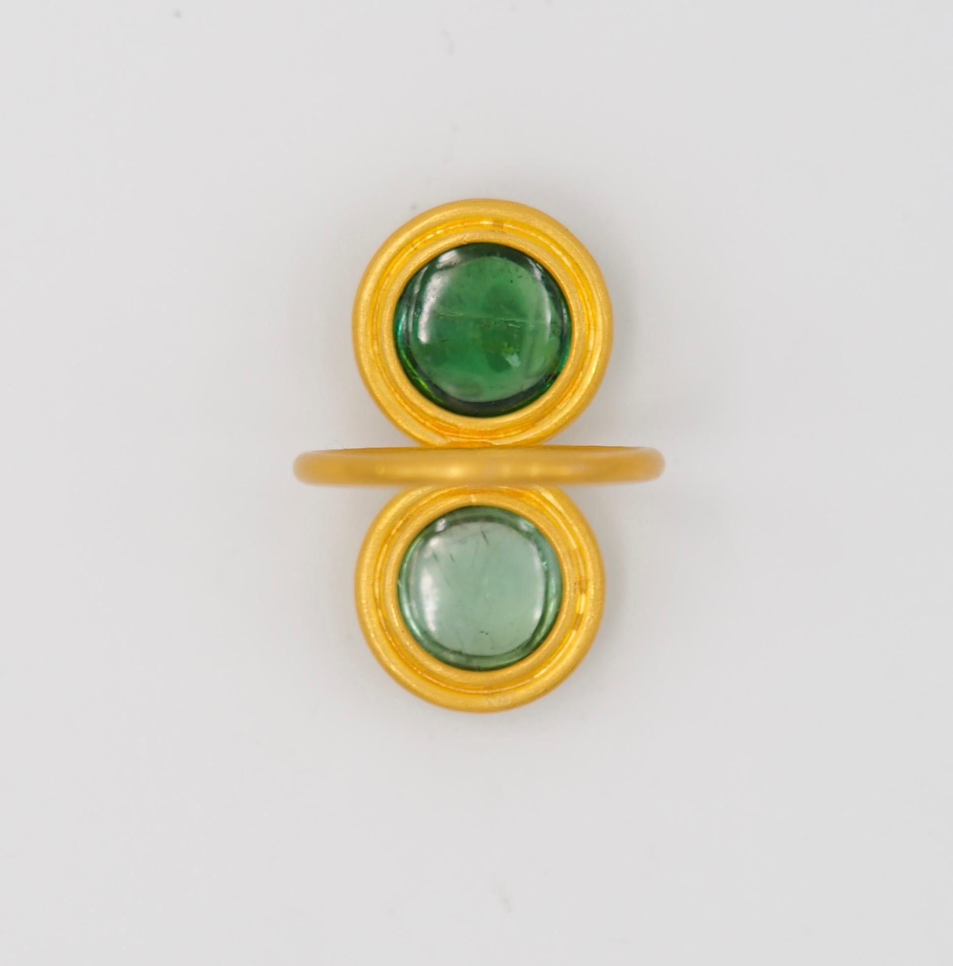 Women's Scrives Two Shades Green Tourmalines 22 Karat Gold Ring