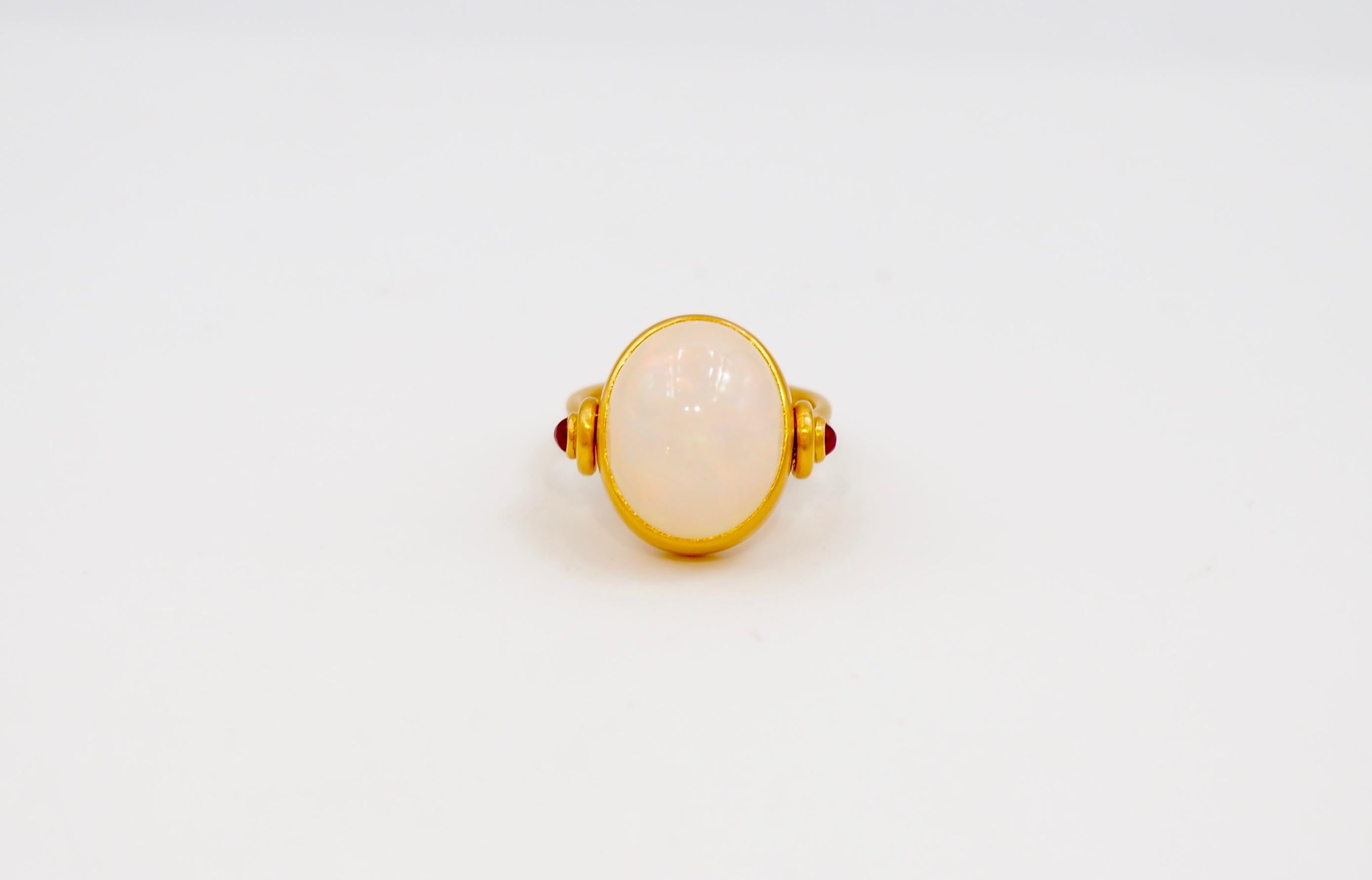 Contemporary Scrives White Opal Cabochon Rubies 22 Karat Gold Handmade Swivel Antique Ring For Sale