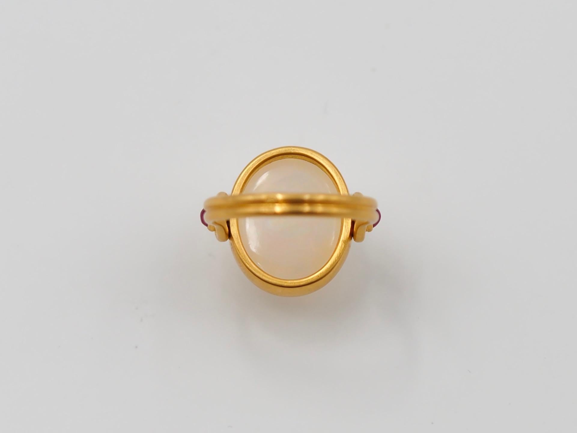 Women's or Men's Scrives White Opal Cabochon Rubies 22 Karat Gold Handmade Swivel Antique Ring For Sale