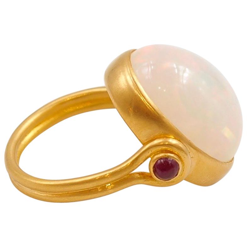 Scrives White Opal Cabochon Rubies 22 Karat Gold Handmade Swivel Antique Ring For Sale