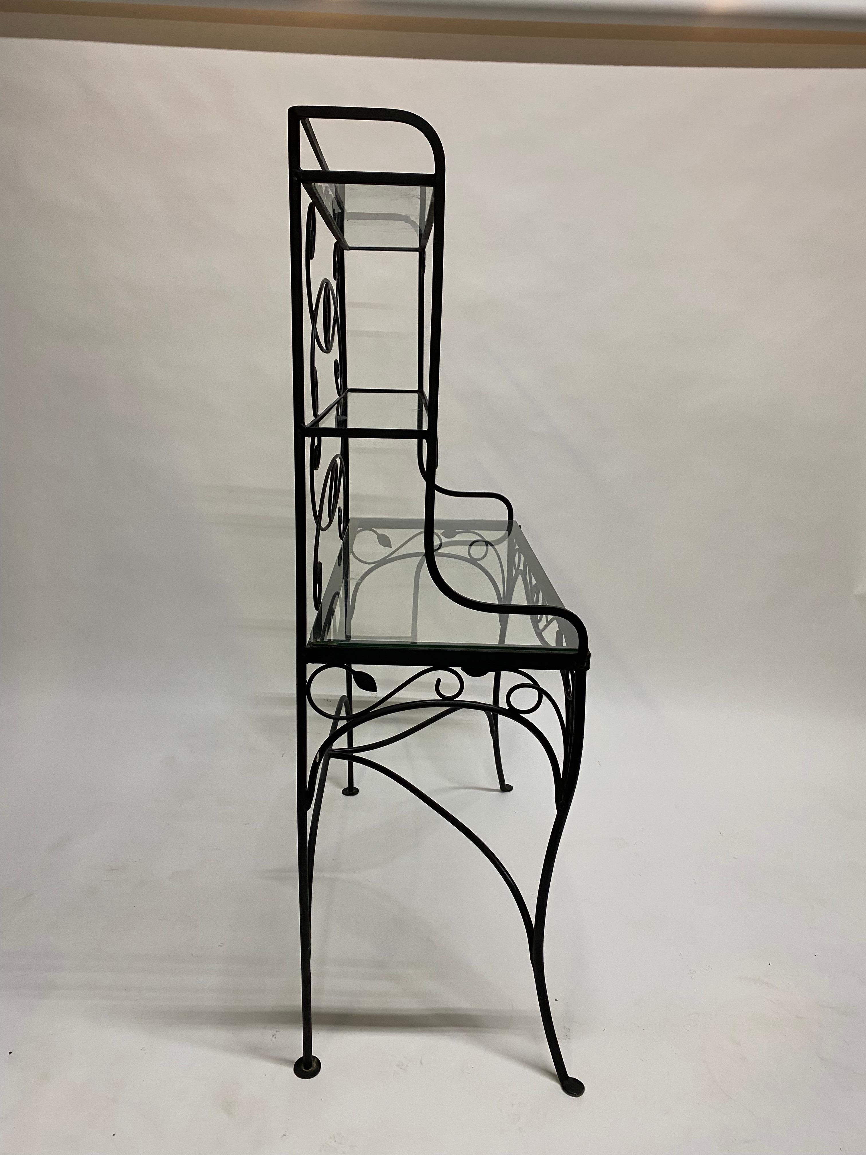 Mid-Century Modern Scroll and Leaf Iron and Glass Step Back Etagere