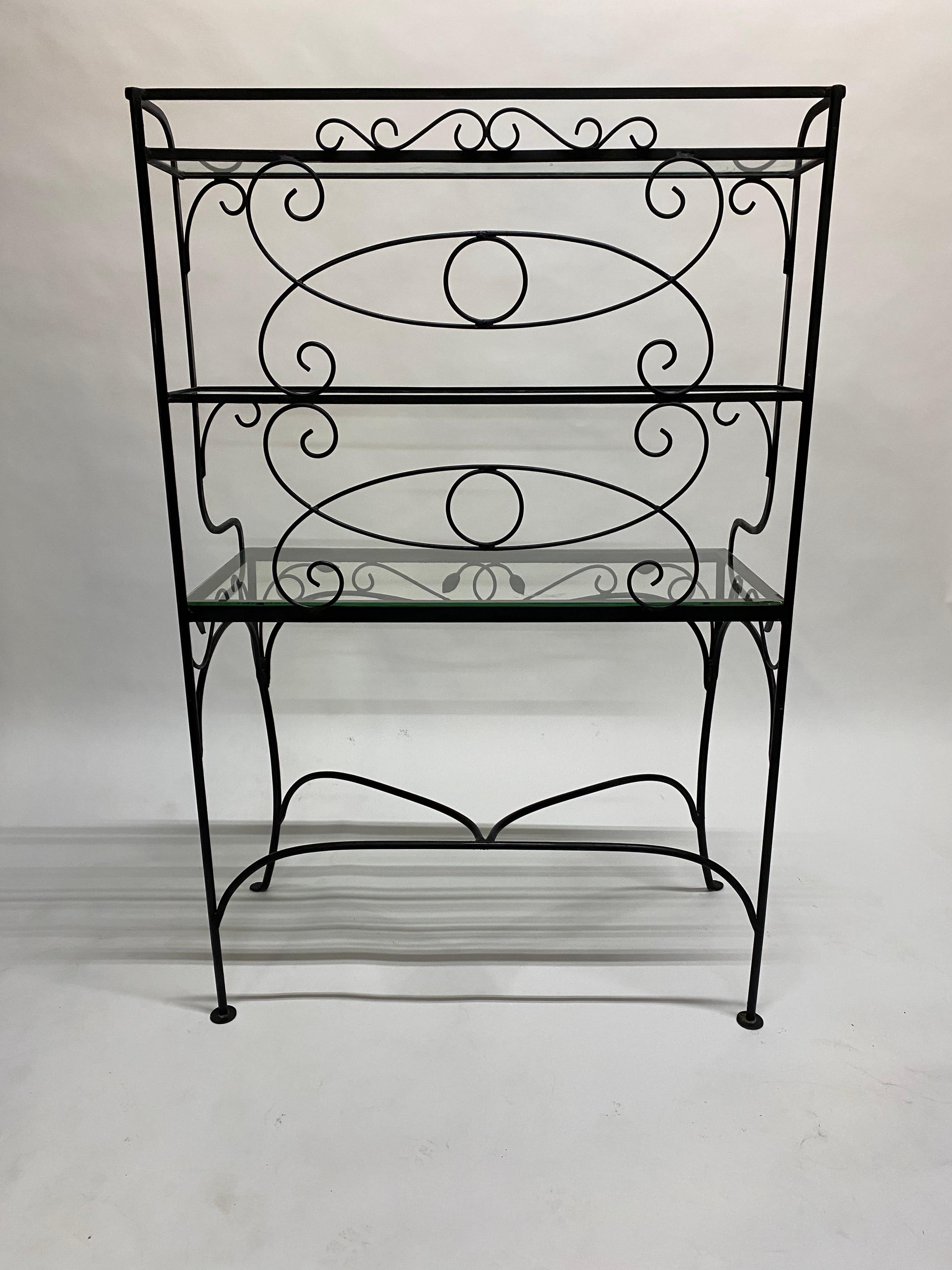 American Scroll and Leaf Iron and Glass Step Back Etagere