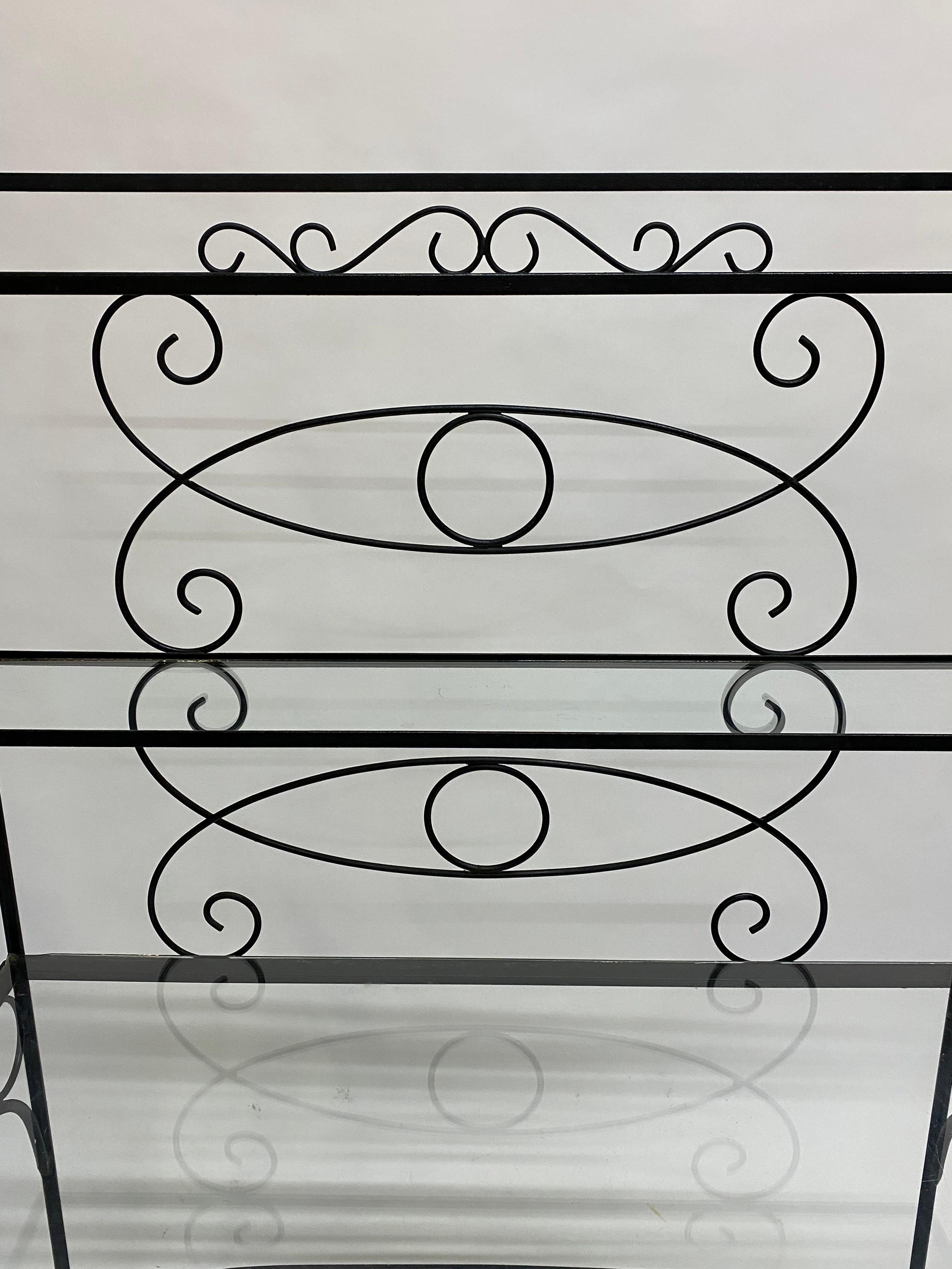 Scroll and Leaf Iron and Glass Step Back Etagere In Good Condition In Garnerville, NY