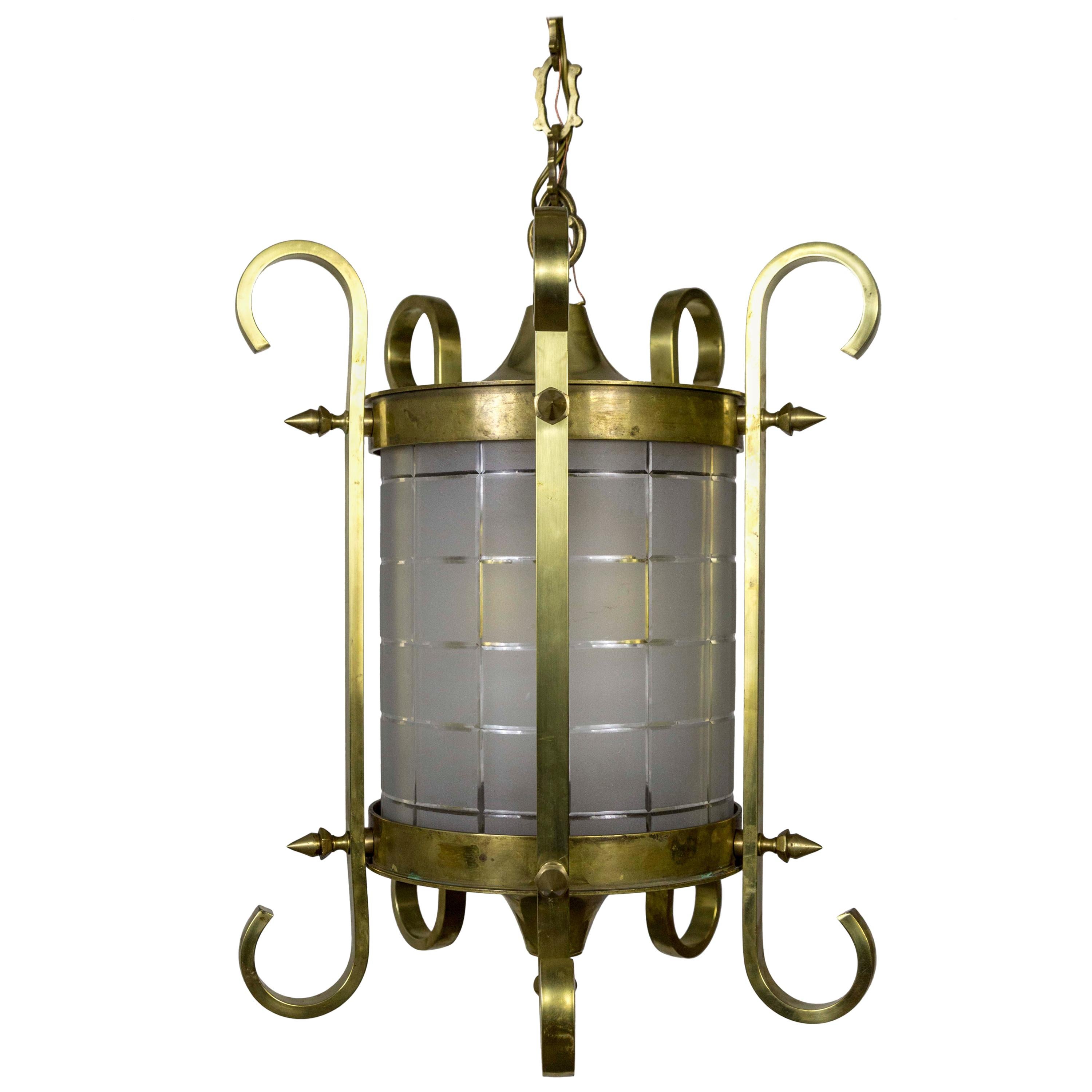 Scroll and Spike Cylindrical Beveled Glass Lantern For Sale