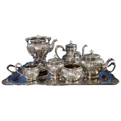 Vintage Scroll by Durgin Sterling Silver Coffee Tea Set 7pc with Kettle on Stand '#2971'