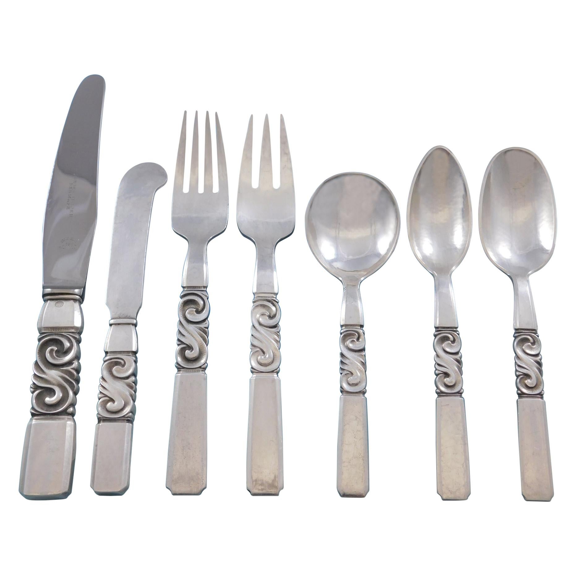 Scroll by Georg Jensen Danish Sterling Silver Flatware Set Service 45 Pieces For Sale