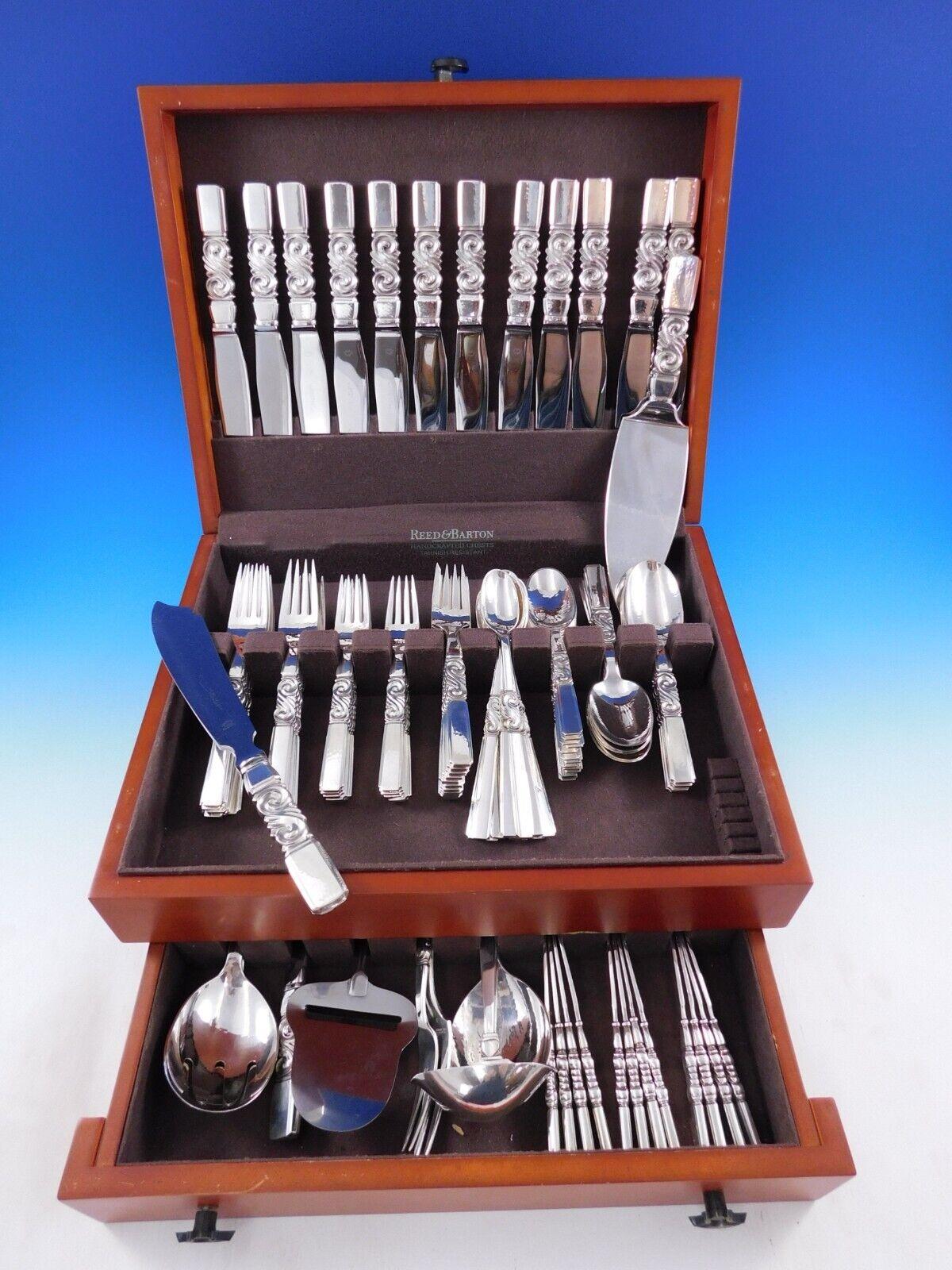 Scroll by Georg Jensen Set di posate in argento Sterling 12 Servizio 106 pezzi Cena In condizioni ottime in vendita a Big Bend, WI