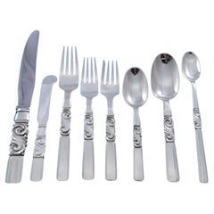 Juego de Cubiertos de Plata de Ley Scroll by Georg Jensen 12 Servicio Cena 106 piezas