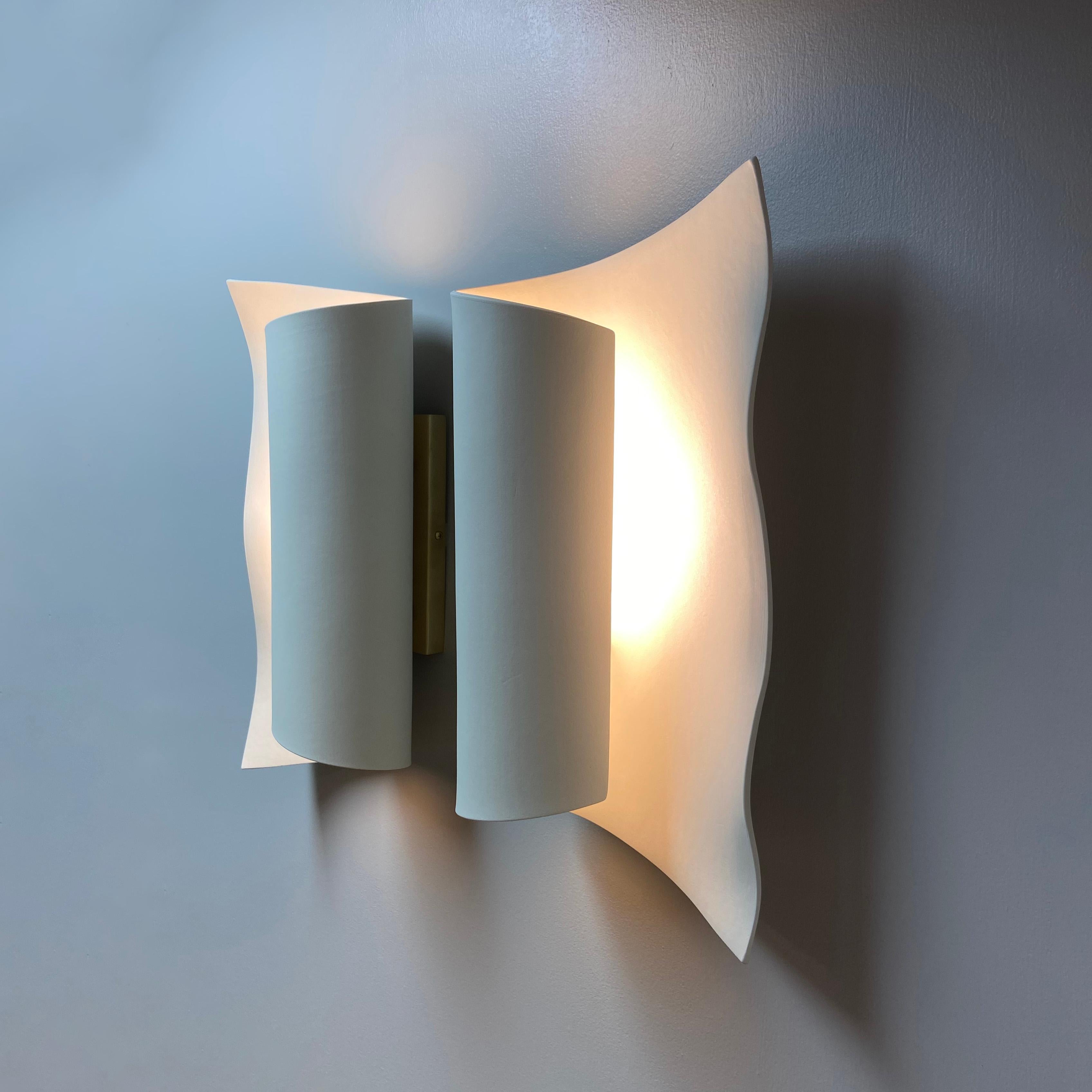 Contemporary Scroll Glazed Ceramic Wall Sconce Luminaire Pair For Sale