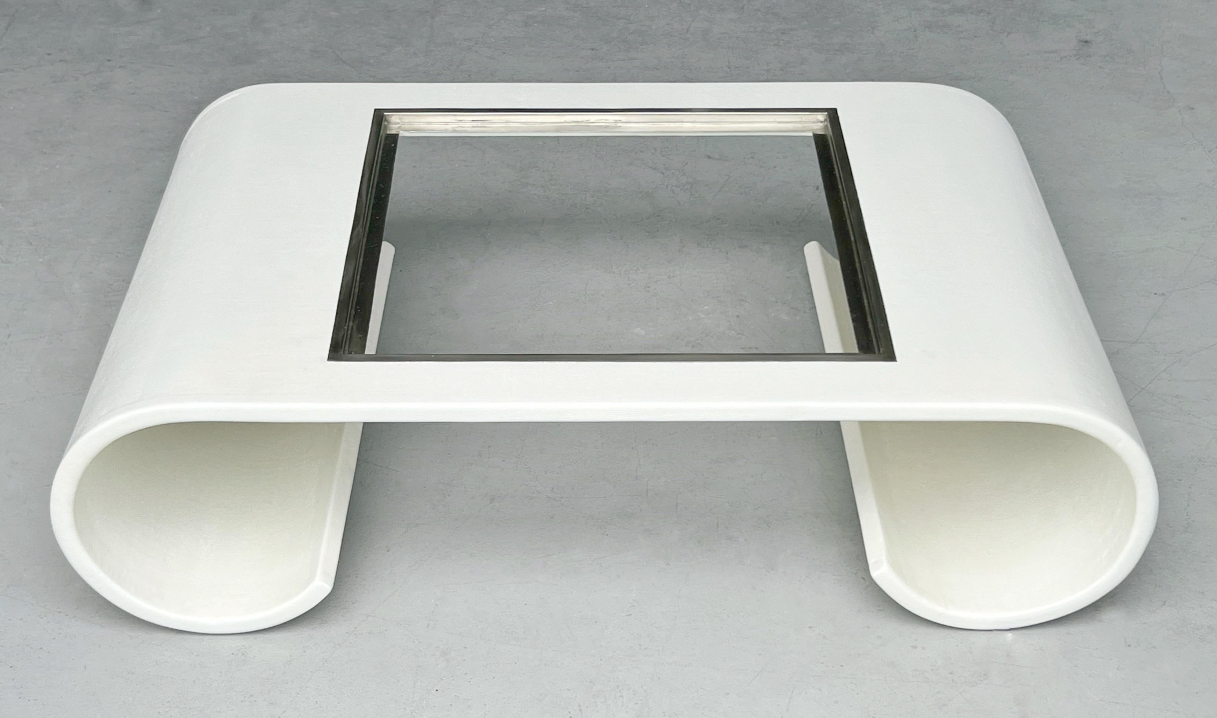 Scroll Linen Wrapped Modern Italian Coffee Table with Glass Top 4