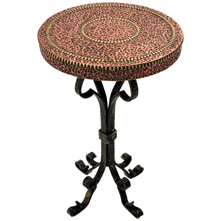 Wrought Iron End Drinks Table Gueridon with Copper Hammered Top and