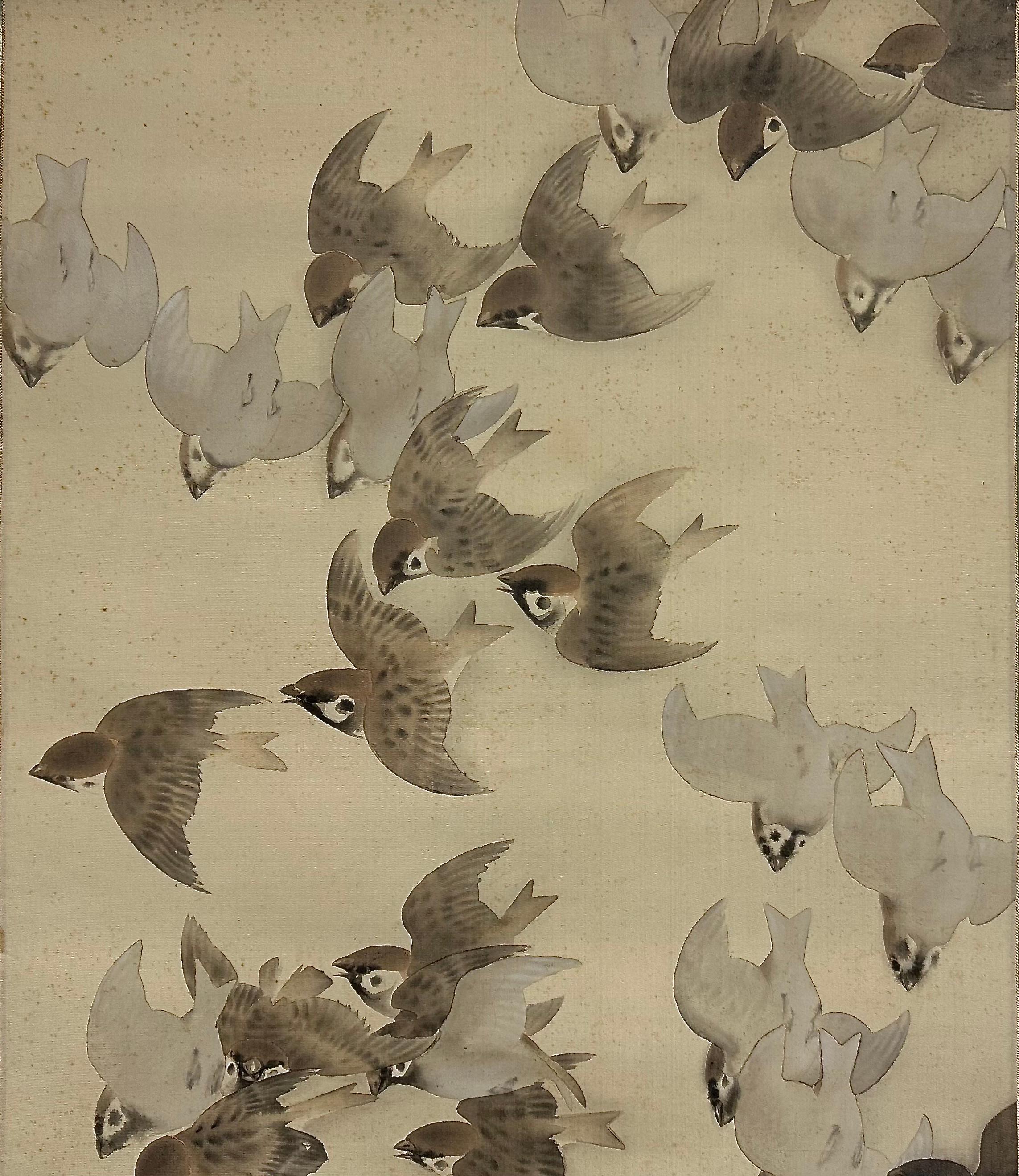 Meiji Rouleau de moineaux en vol par Himejima Chikugai (1840-1928) - Début du 20e siècle en vente