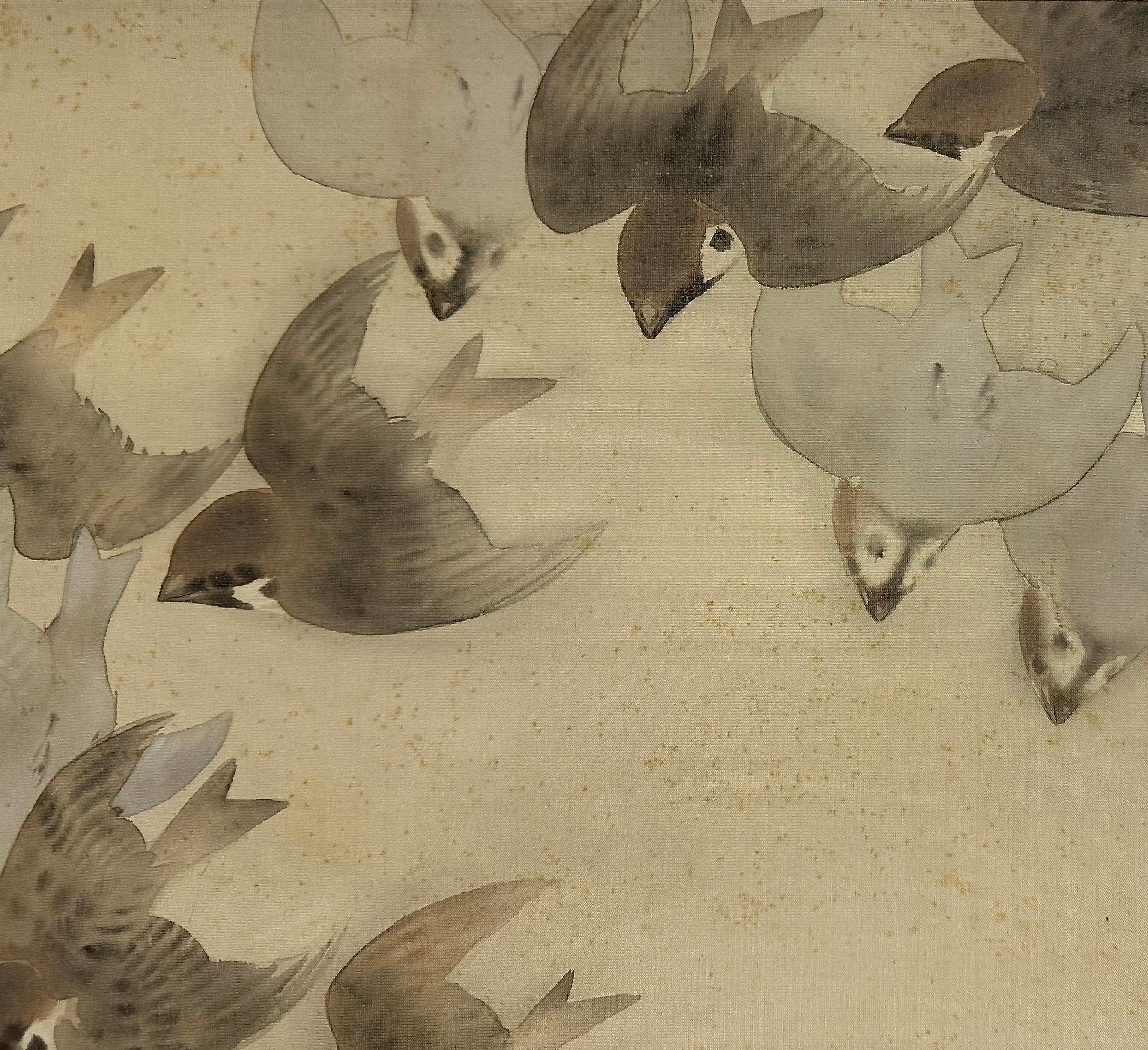 Japonais Rouleau de moineaux en vol par Himejima Chikugai (1840-1928) - Début du 20e siècle en vente