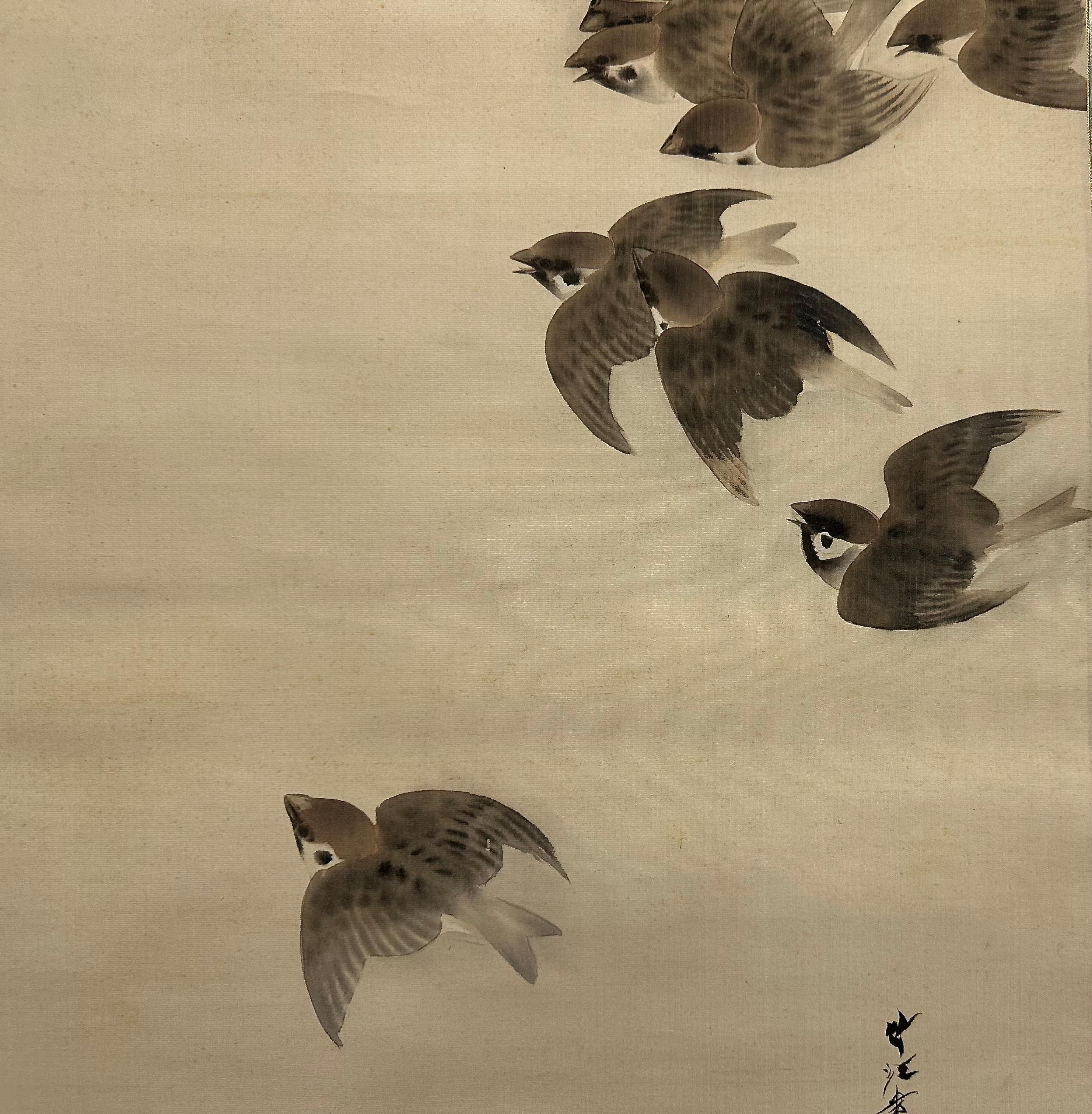 Rouleau de moineaux en vol par Himejima Chikugai (1840-1928) - Début du 20e siècle Bon état - En vente à Fukuoka, JP