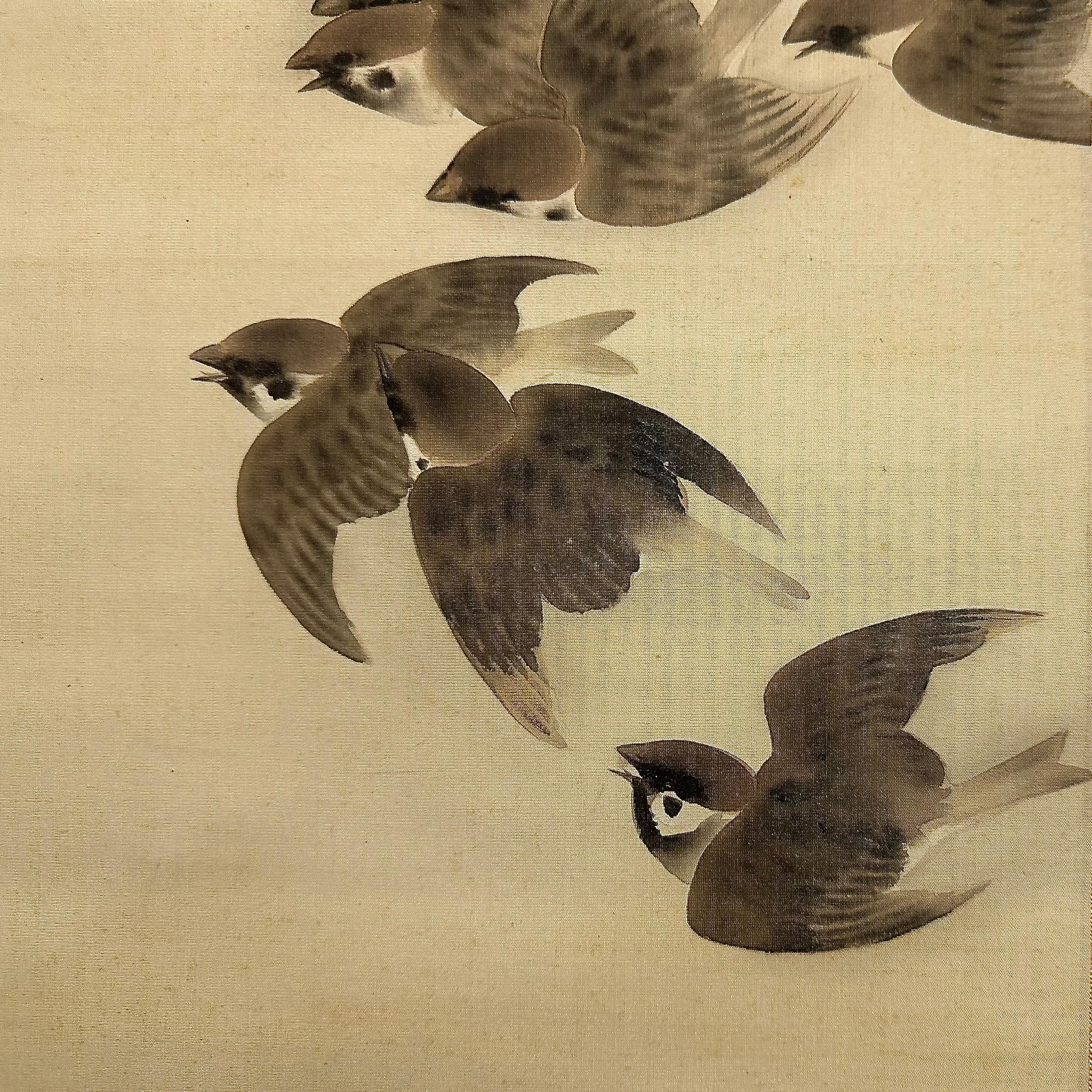 20ième siècle Rouleau de moineaux en vol par Himejima Chikugai (1840-1928) - Début du 20e siècle en vente
