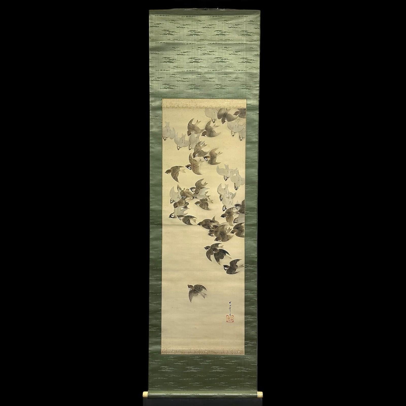 Rouleau de moineaux en vol par Himejima Chikugai (1840-1928) - Début du 20e siècle en vente 1