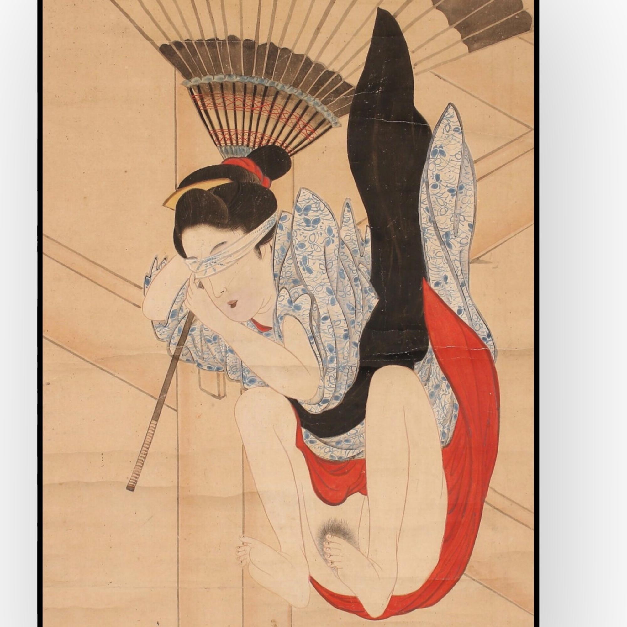 Japan, Woman jumping from the balcony of Kiyomizu-dera Edo period
Japanese scroll painting – Woman jumping from the balcony of Kiyomizu-dera temple, Edo period
Ink and pigments on paper
Painting dimensions: 125 × 52 cm
Total scroll dimensions: 193 ×