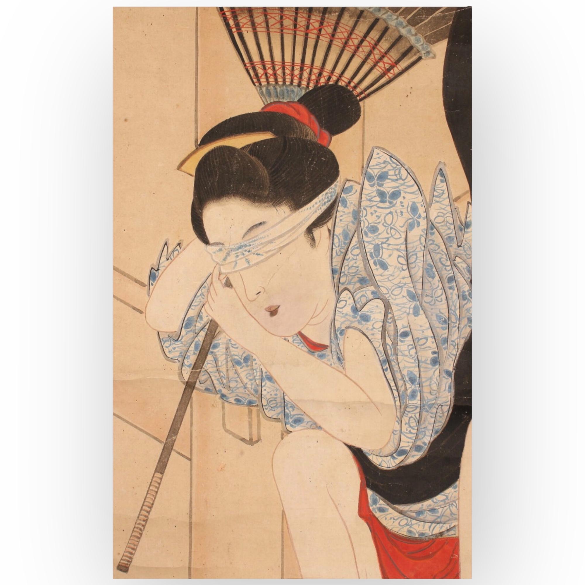 Japanese Scroll paintingJapan, Woman jumping from the balcony of Kiyomizu-dera Edo period For Sale