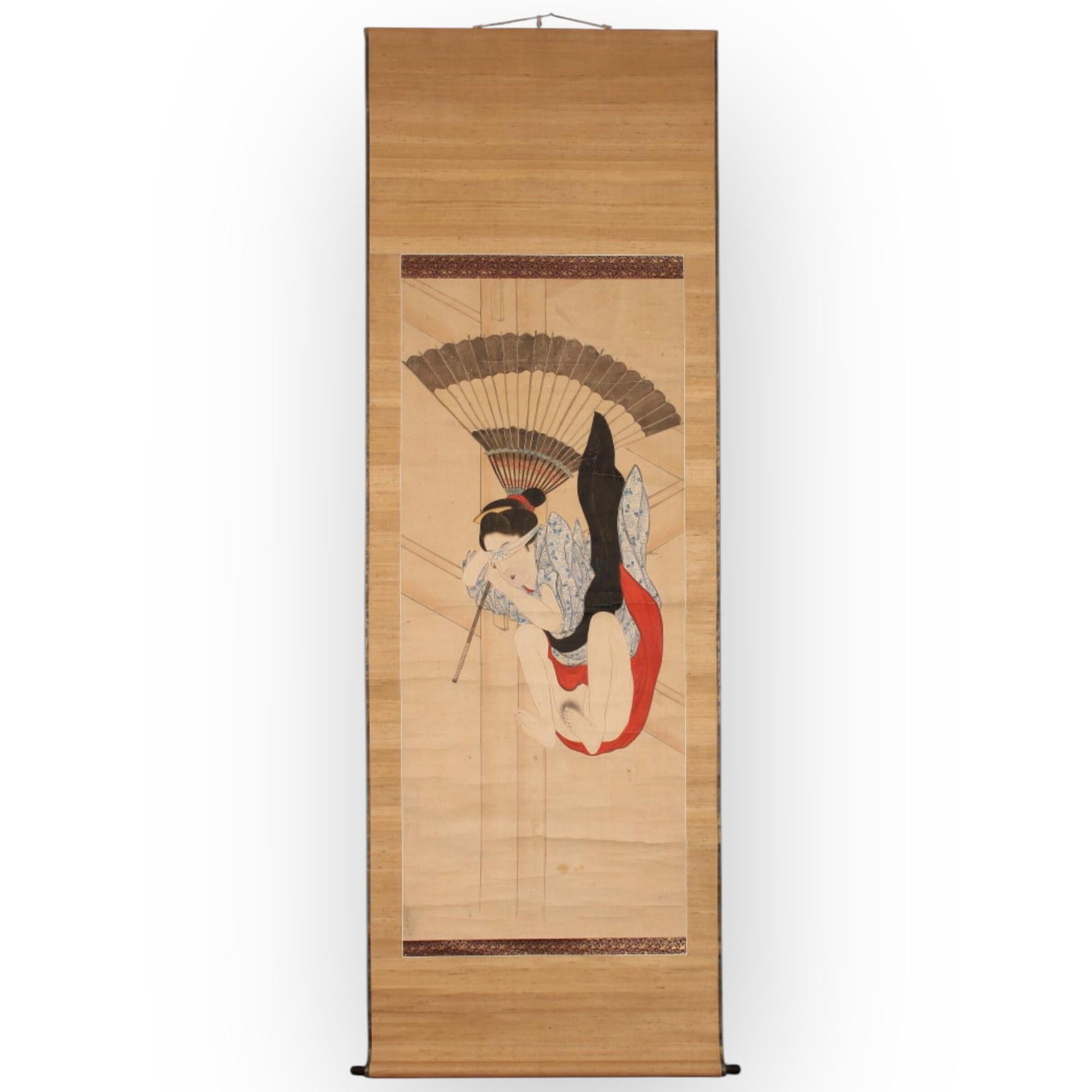 Hand-Painted Scroll paintingJapan, Woman jumping from the balcony of Kiyomizu-dera Edo period For Sale