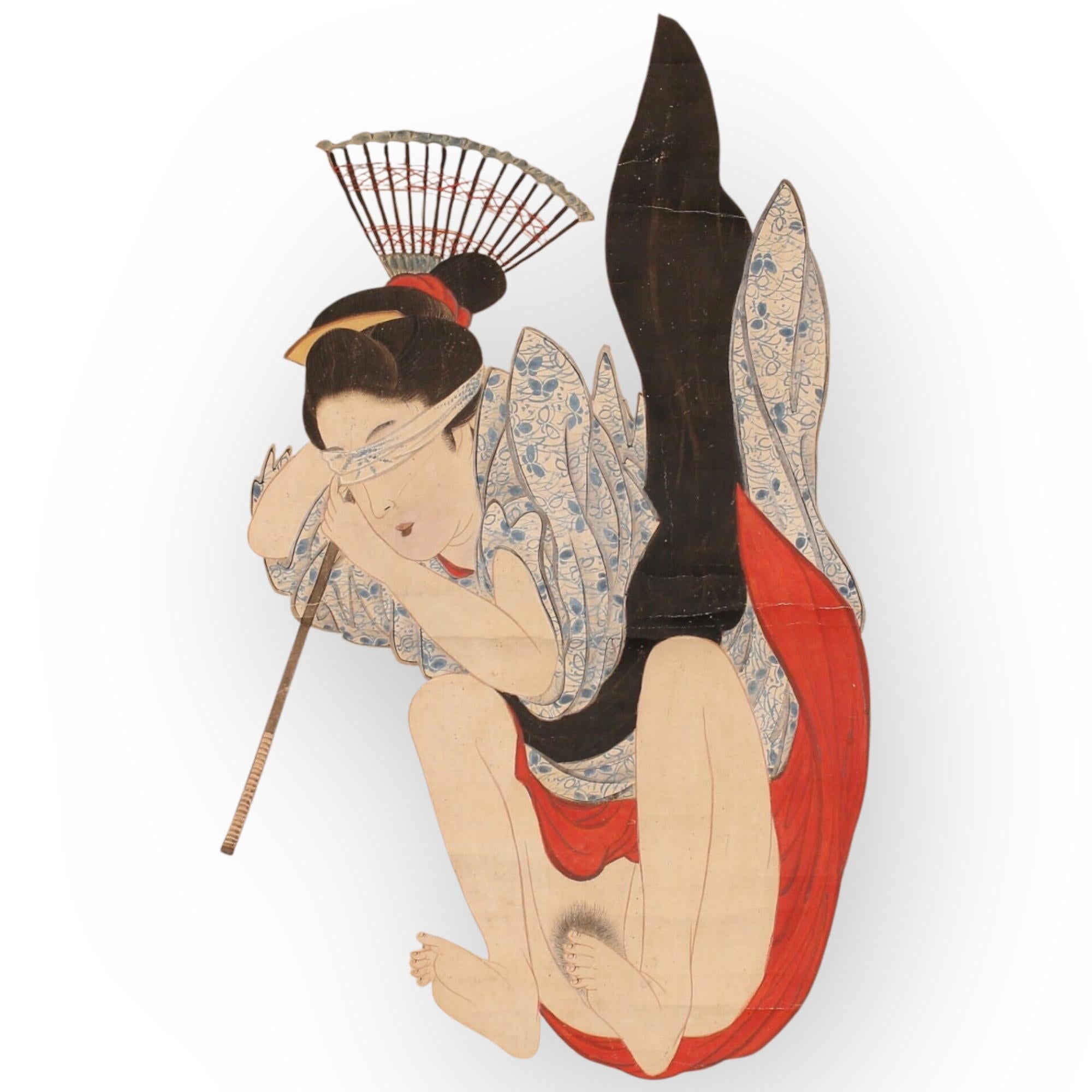 Paper Scroll paintingJapan, Woman jumping from the balcony of Kiyomizu-dera Edo period For Sale