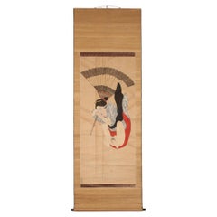 Antique Scroll paintingJapan, Woman jumping from the balcony of Kiyomizu-dera Edo period