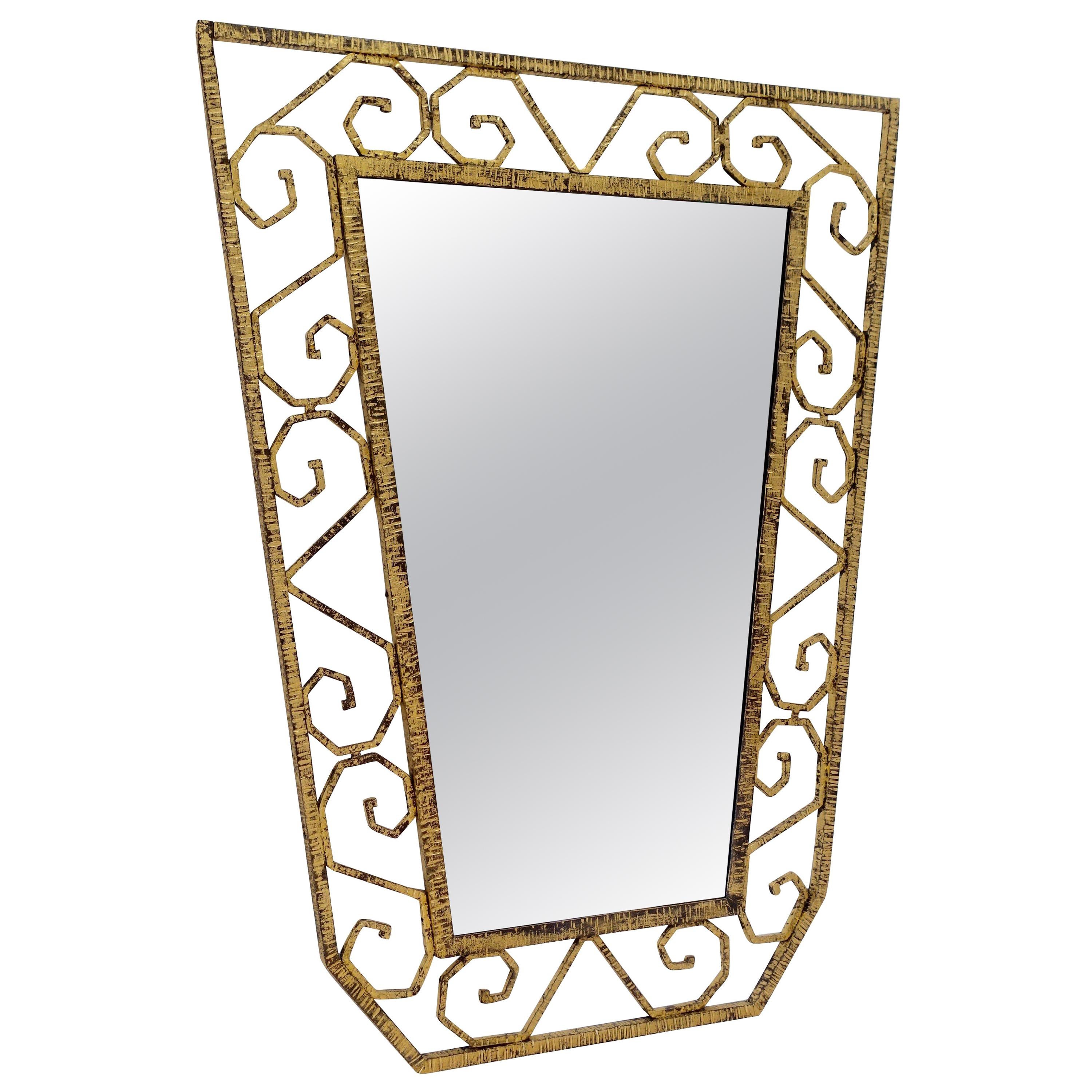Scroll Pattern Gold Gilt Iron Shield Shaped Mirror, France, 1930s For Sale