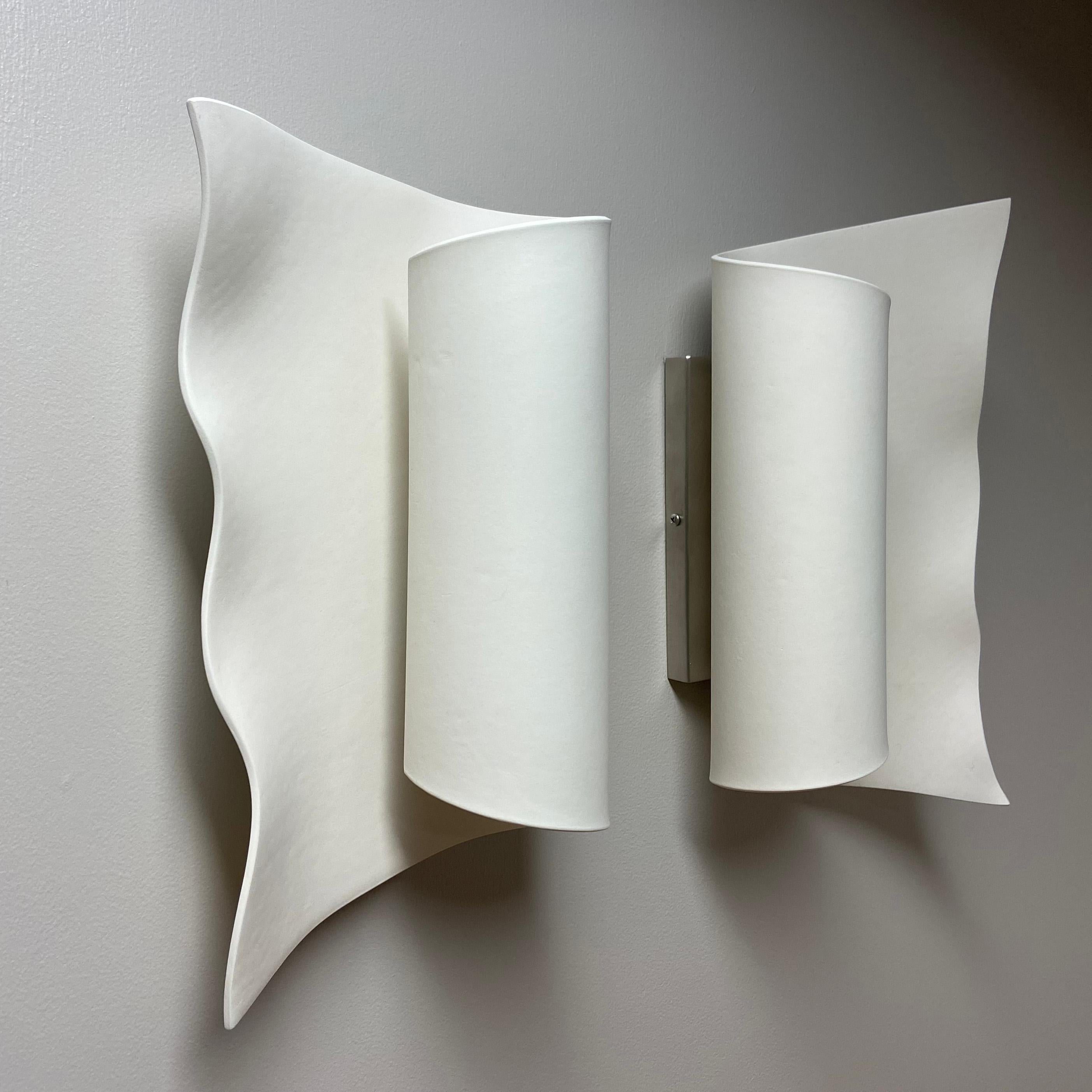 Scroll Scalloped Ceramic Wall Sconce Luminaire Pair For Sale 2