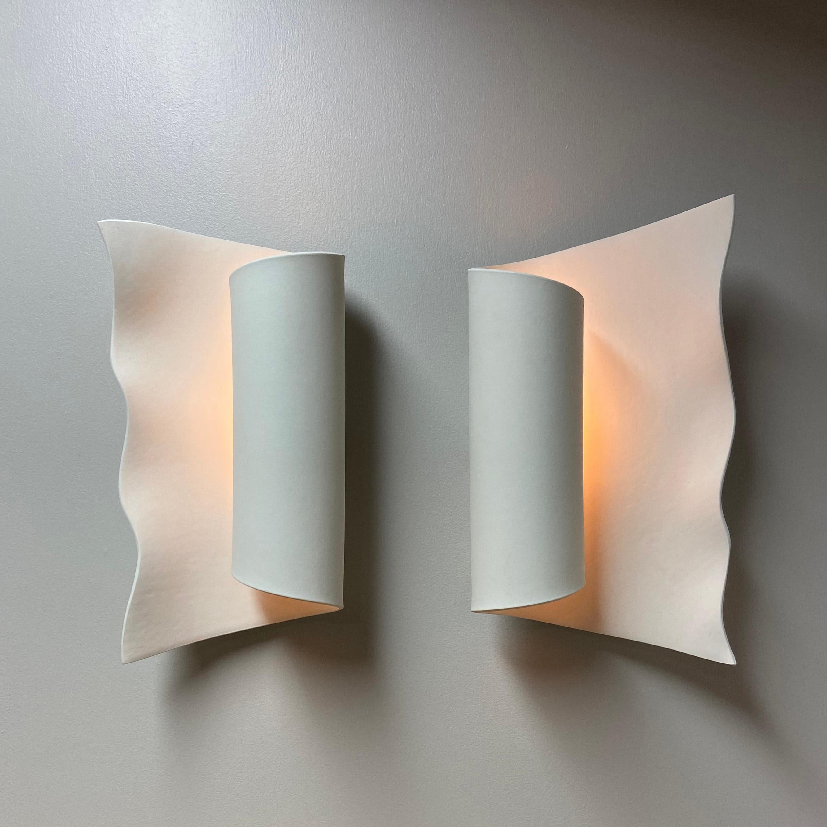 American Scroll Scalloped Ceramic Wall Sconce Luminaire Pair For Sale