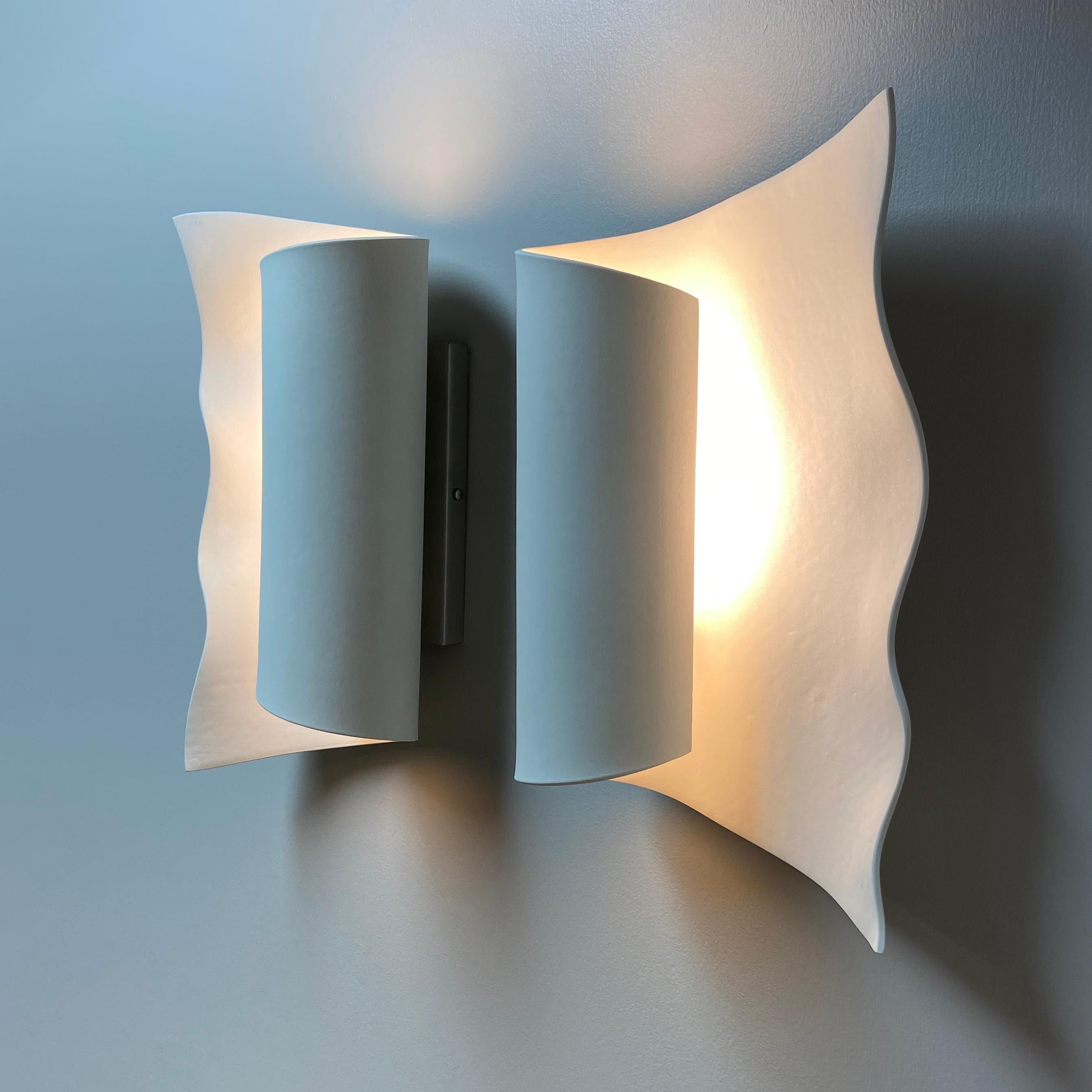 Contemporary Scroll Scalloped Ceramic Wall Sconce Luminaire Pair For Sale