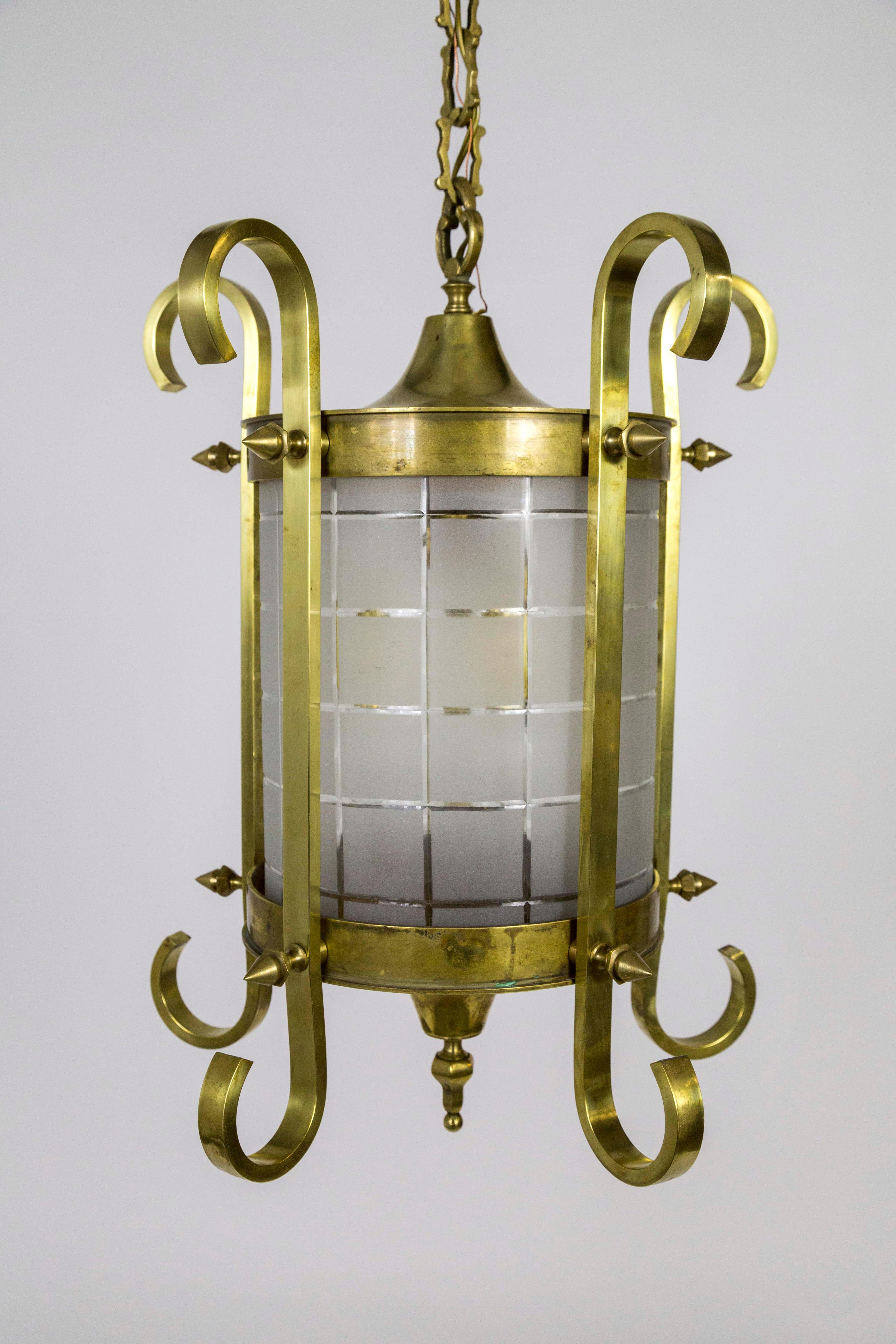 North American Scroll and Spike Cylindrical Beveled Glass Lantern For Sale