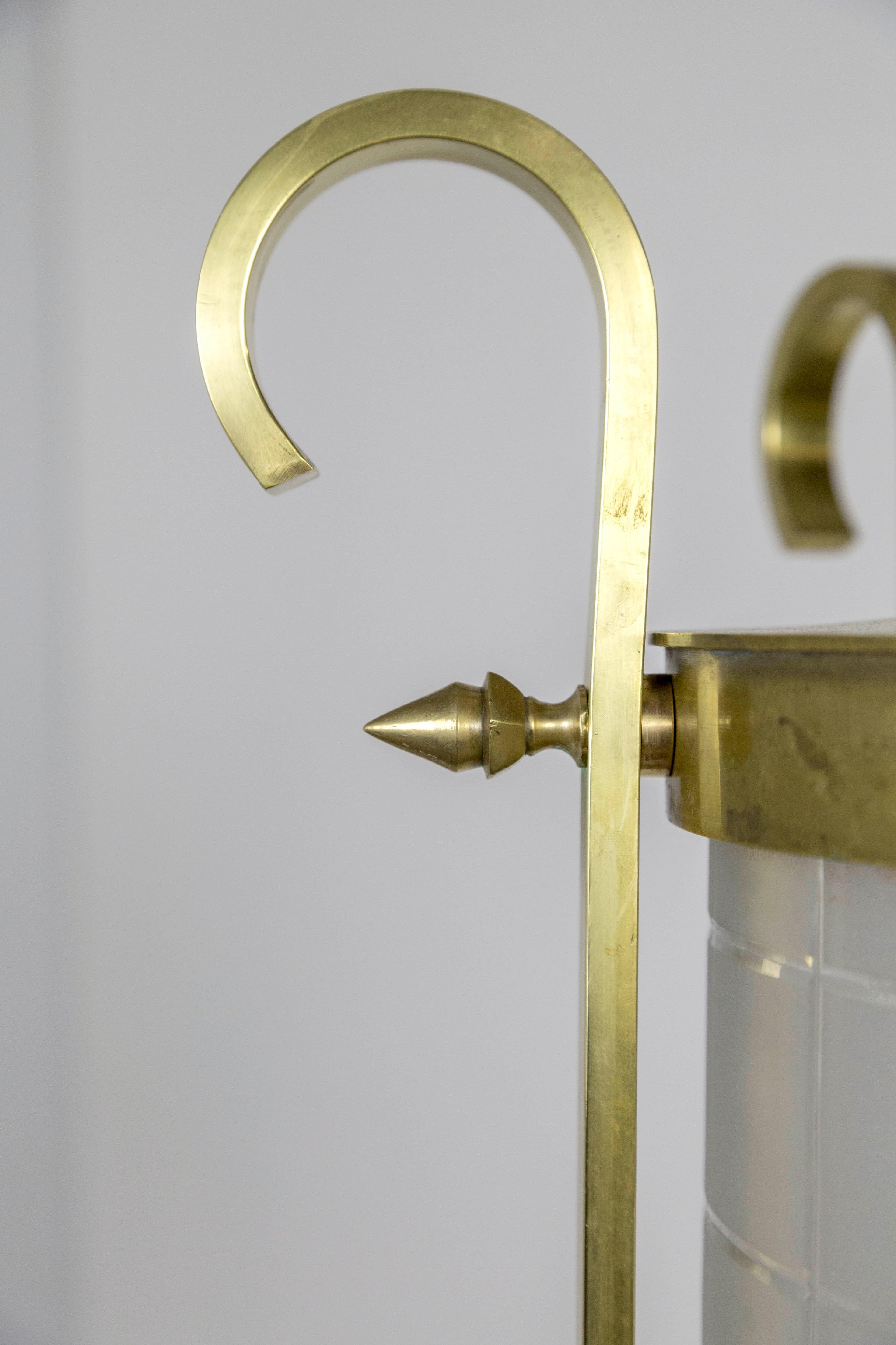 Brass Scroll and Spike Cylindrical Beveled Glass Lantern For Sale