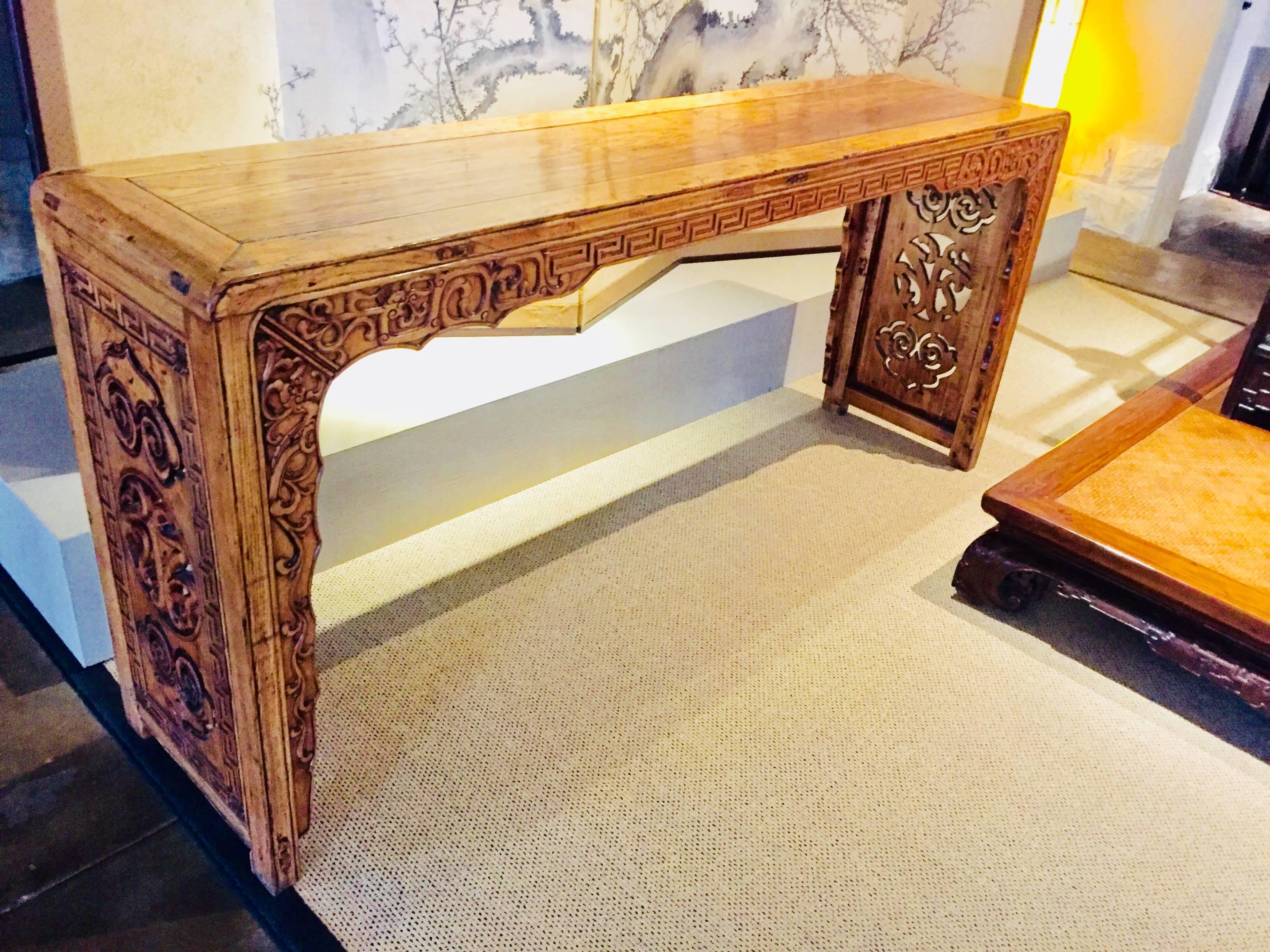 Hand-Carved Scroll Table Console Elmwood Chinese Shanxi Province, 19th Century For Sale