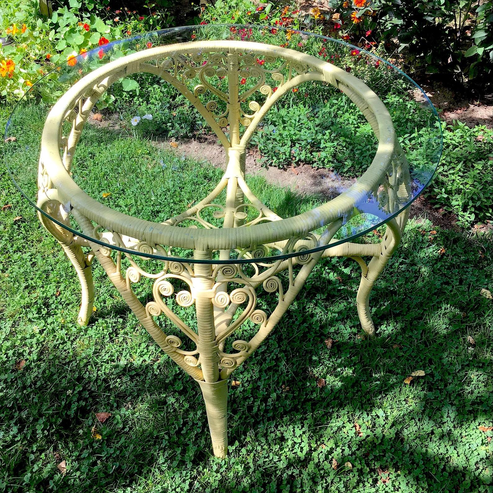 Wicker Table Glass Top Heart Shaped Scroll Wicker Patio Table at 1stDibs