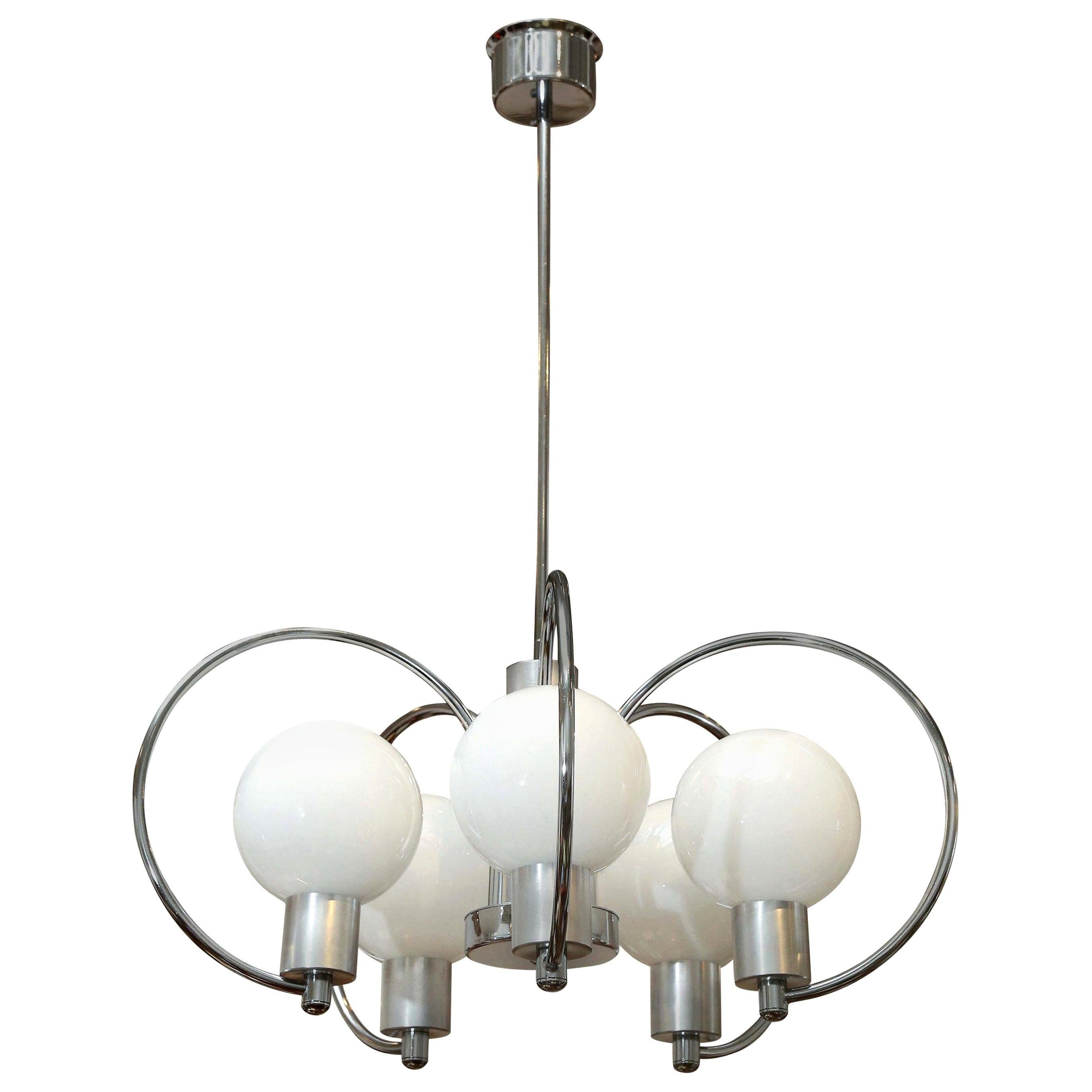 Scrolled 5-Arm Chrome Plated and Aluminum 5 Large White Glass Globes Chandelier For Sale