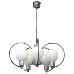 Scrolled 5-Arm Chrome Plated and Aluminum 5 Large White Glass Globes Chandelier