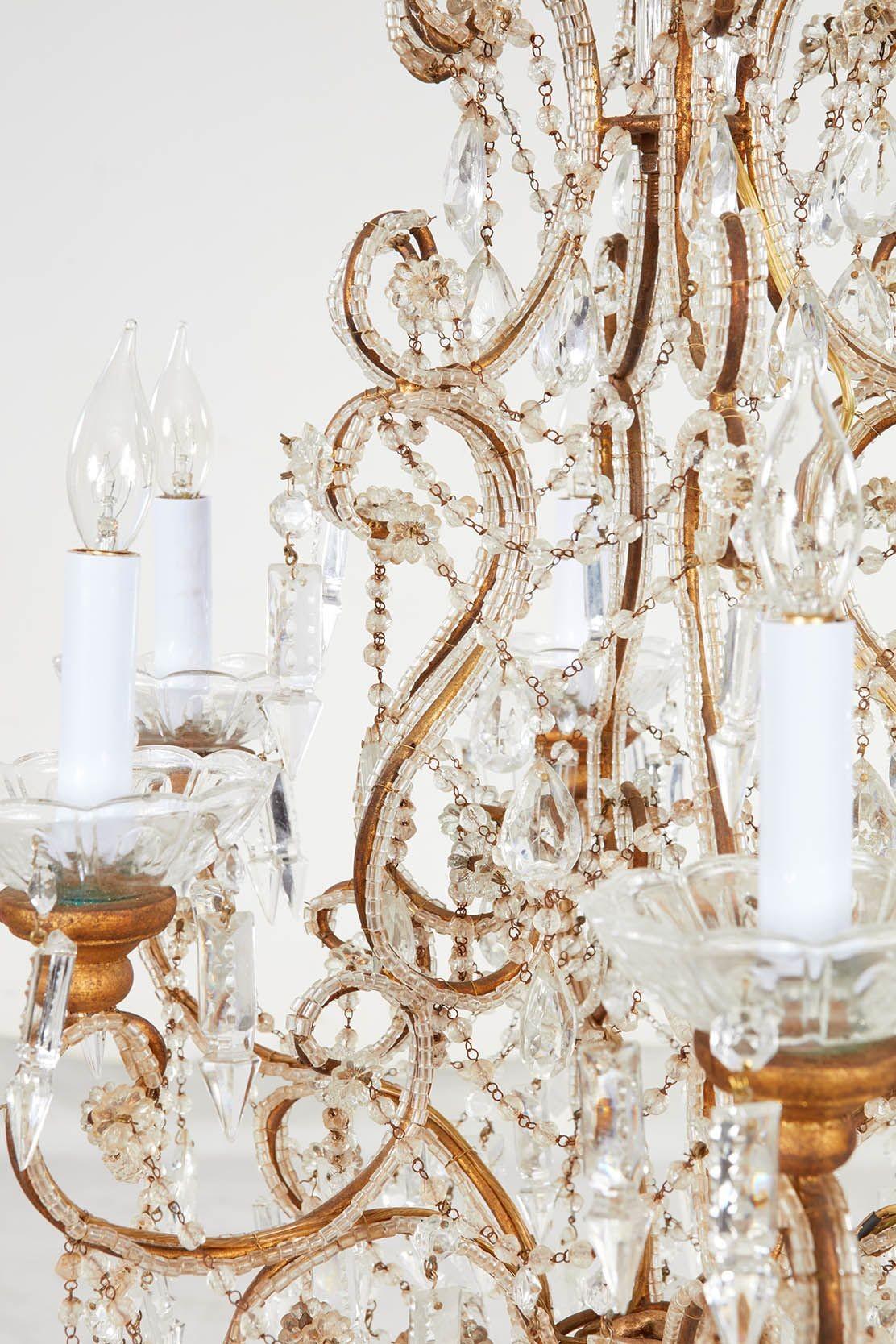 Rococo Revival Scrolled Gilt Metal and Beaded Glass Chandelier