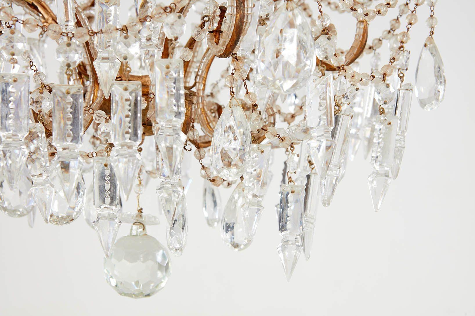 Italian Scrolled Gilt Metal and Beaded Glass Chandelier