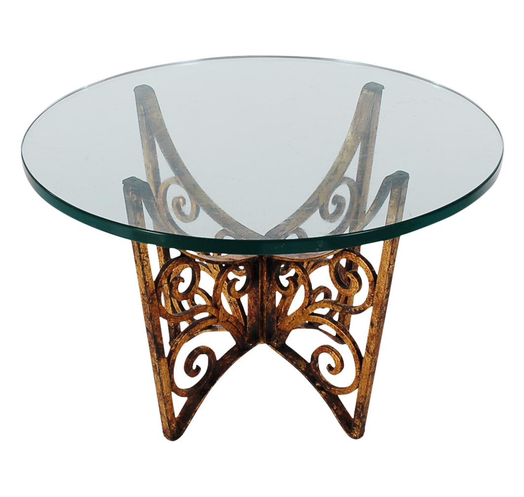 Mid-20th Century Scrolled Hollywood Regency Gold Gilt Italian Iron and Glass End or Side Tables For Sale