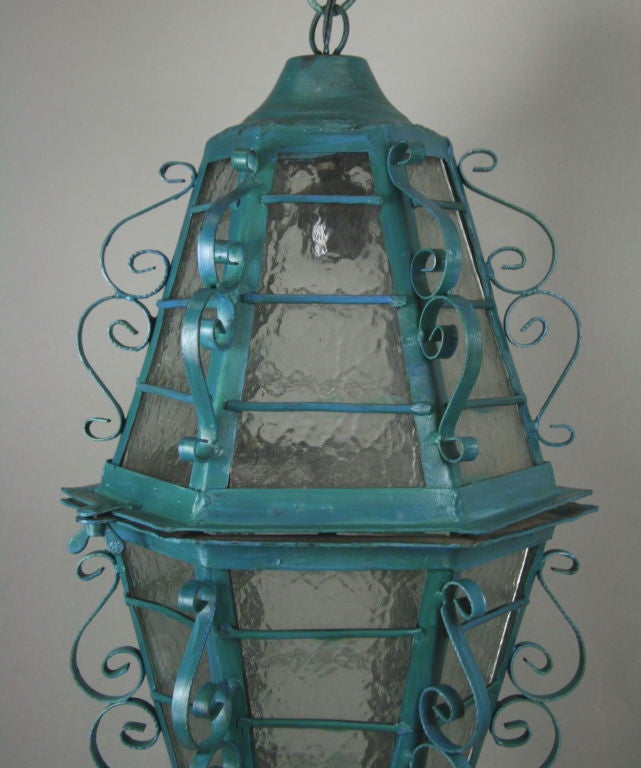 Italian Large Scrolled Iron Turquoise Lantern