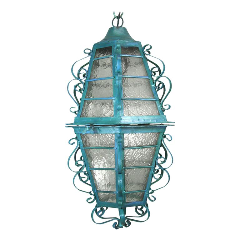 Large Scrolled Iron Turquoise Lantern